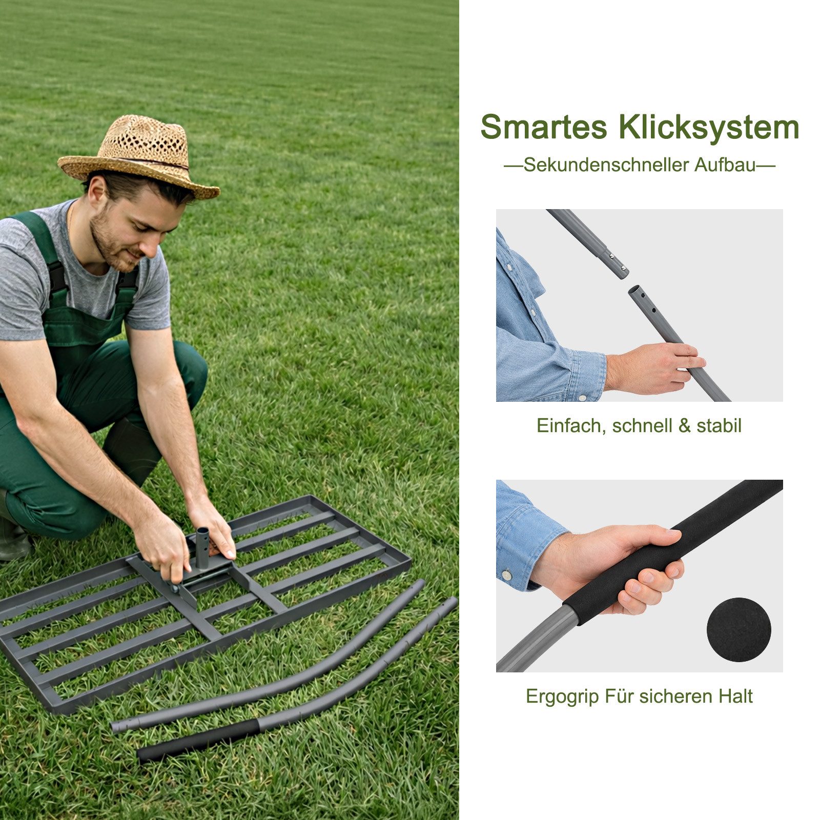 Youyijia Gartenrechen Ergonomischer Rasenrechen mit Klicksystem,Rasenrechen, Gartenrechen