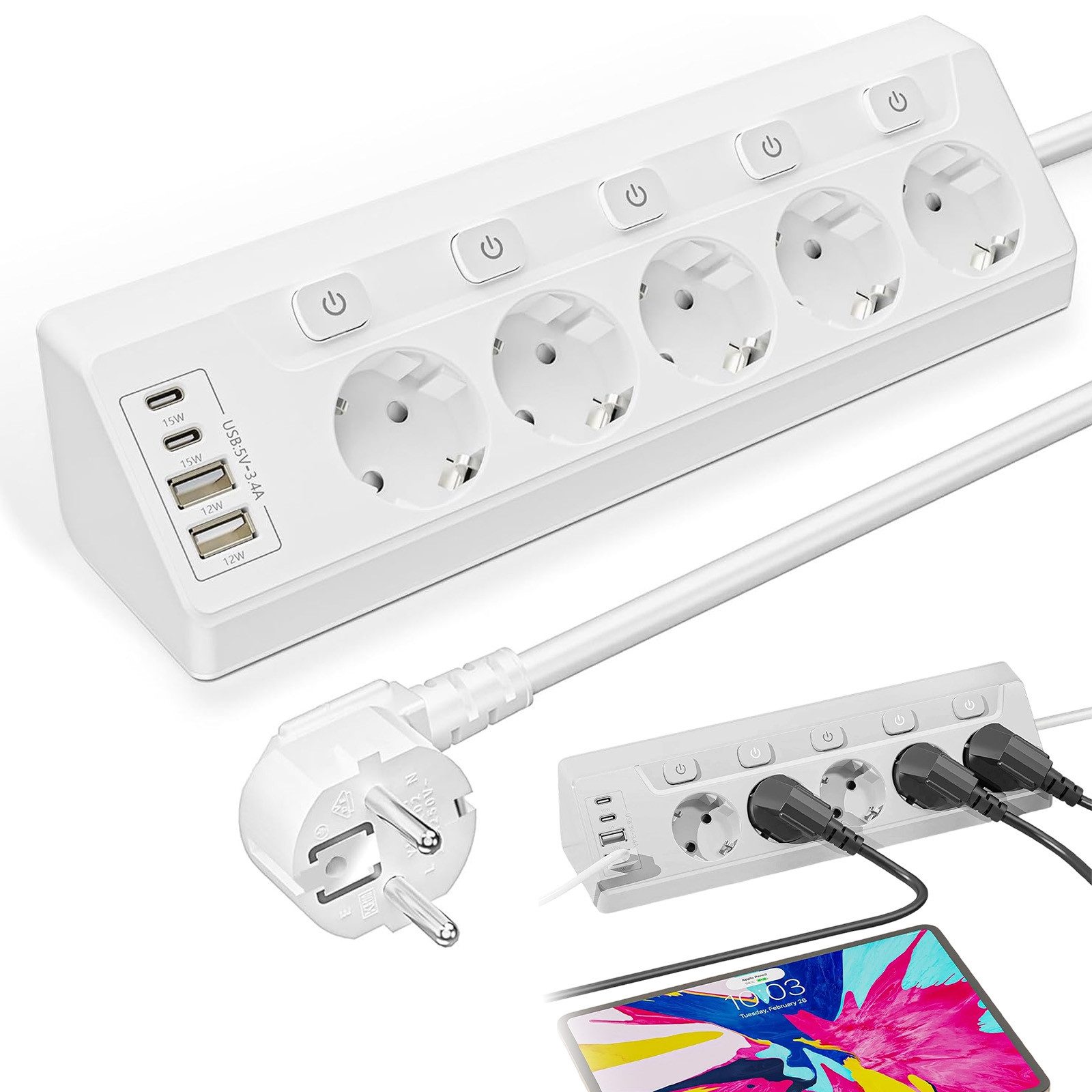 AKKEE Tischsteckdosenleiste mit 4/5/6 Steckdosen, Unabhängigem Schalter Mehrfachsteckdose (2M Verlängerungskabel für Küche, Büro, Haushalt, Kabellänge 5 m), Steckdosenleiste Mit 4 USB (2 USB C)+5 Fach Steckdose