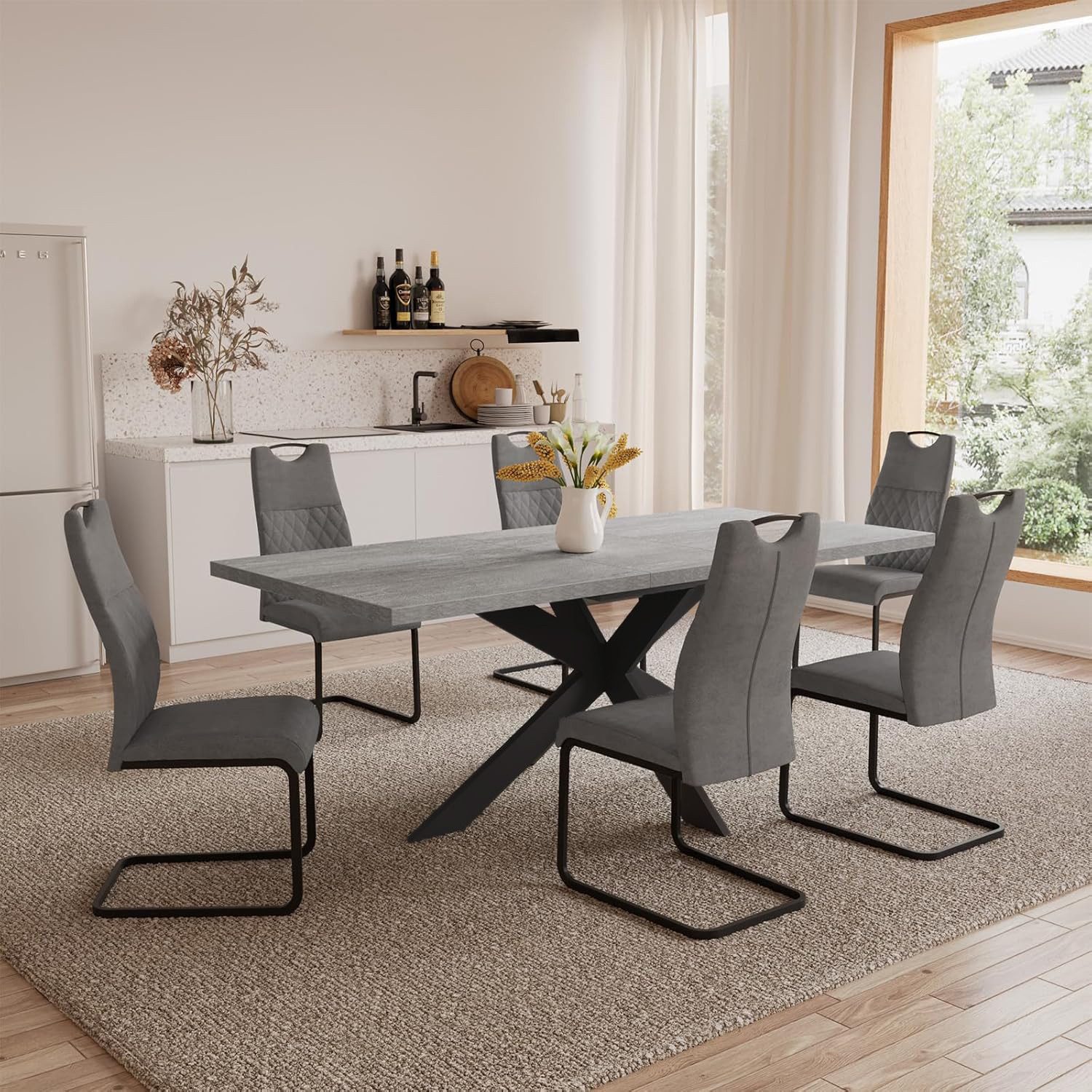 Jiexi Esstisch Tisch-und Stuhlset, Ausziehbarer Esstisch (130–170 cm) mit 4-6 Stühlen, ausziehbarer, hohe Härte, für 6 Personen – Bild 4 von 5