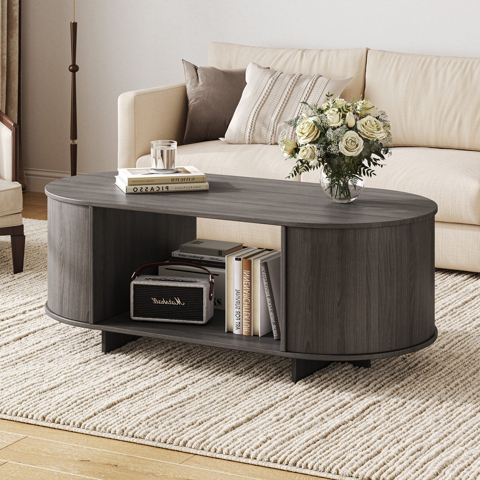 SVEYLXA Couchtisch Ovale Couchtisch mit offenem Regalbrett im Landhausstil günstig online kaufen