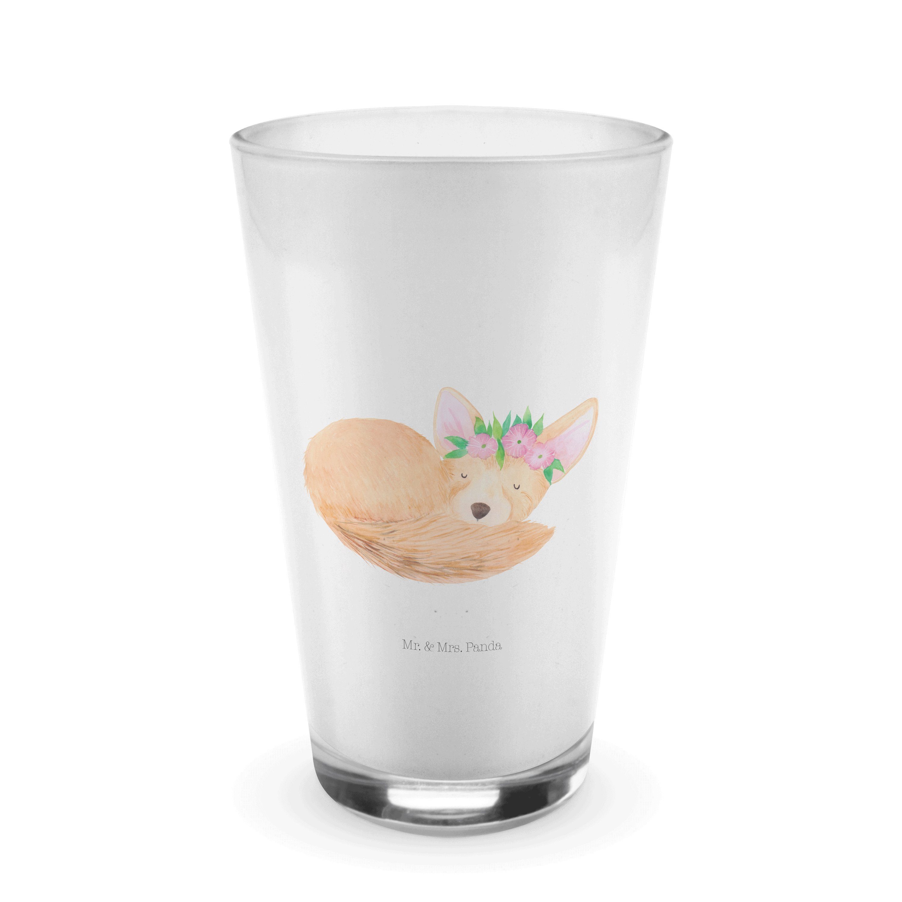 Mr. & Mrs. Panda Glas Wüstenfuchs Blumenkranz - Transparent - Geschenk, Cappuccino Tasse, L, Premium Glas