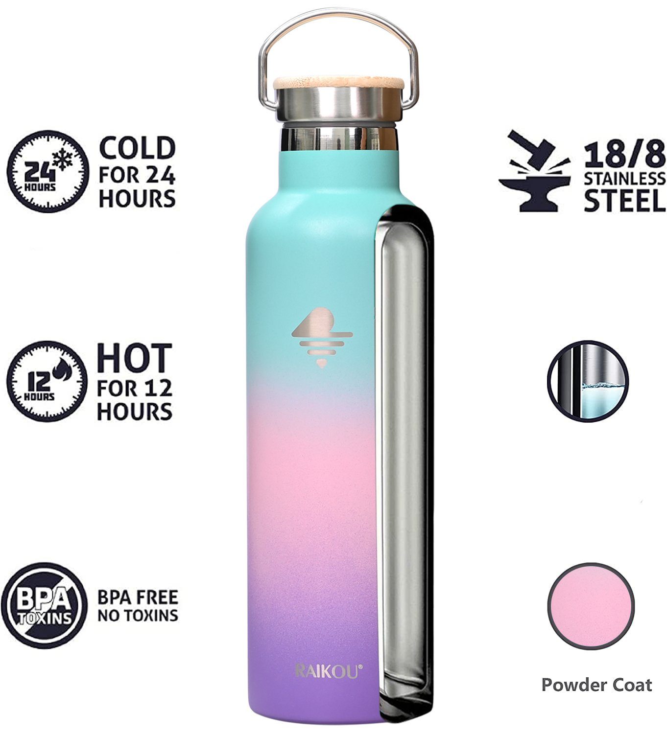 Vakuumisolierte 2 / Isolierflasche Edelstahl Trinkflasche 24H RAIKOU kalt,mit heiß Grün/Pink/Lavendel Thermoflasche, bis zu 12H Wasserflasche Deckel,350ml/500ml/750ml/1000ml