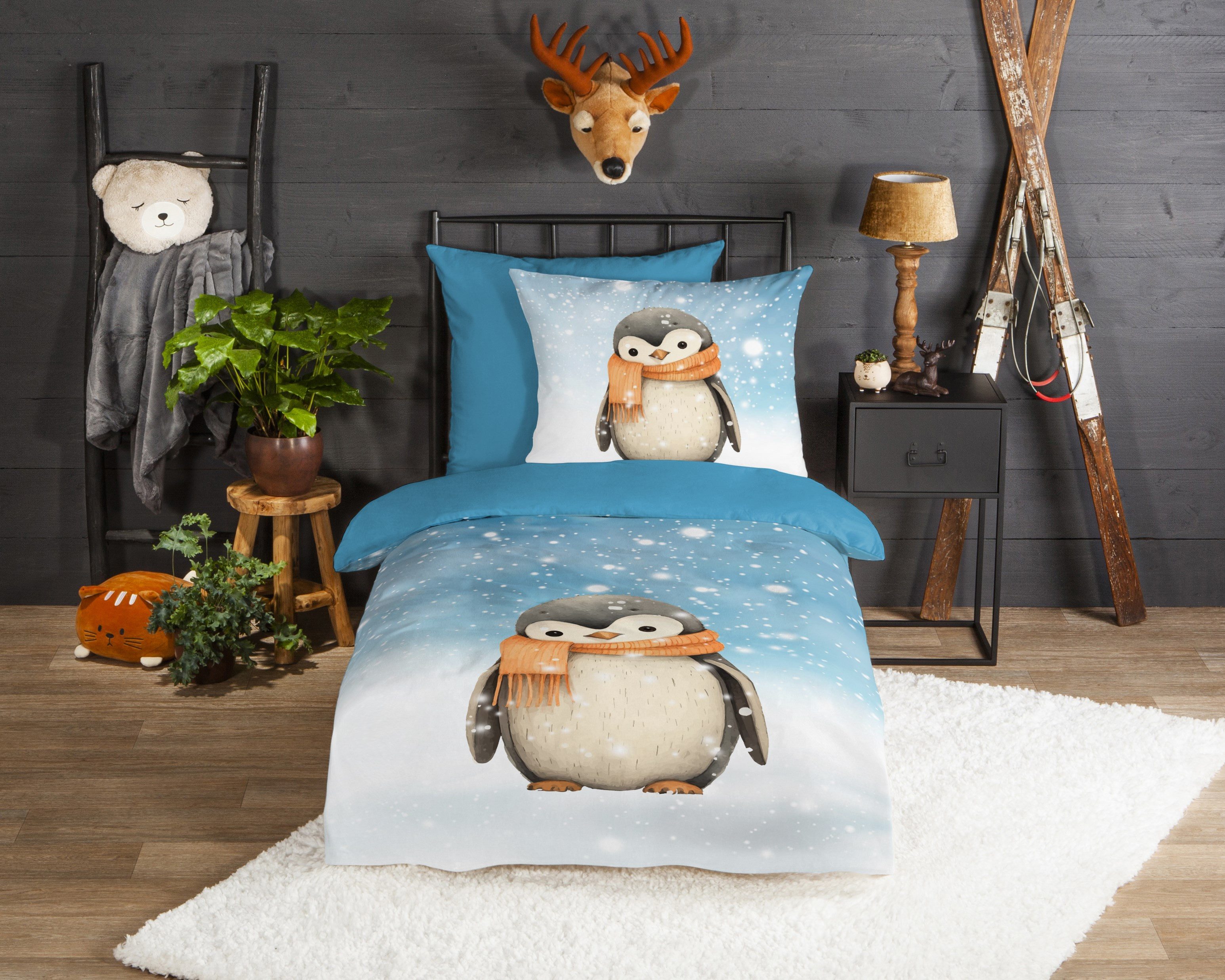 good morning Kinderbettwäsche Pingi, Biber, Flanell, 2 teilig, Flanell, Biber, 135x200, Winter, Warm, Wende, Kind, Pinguin, Schnee