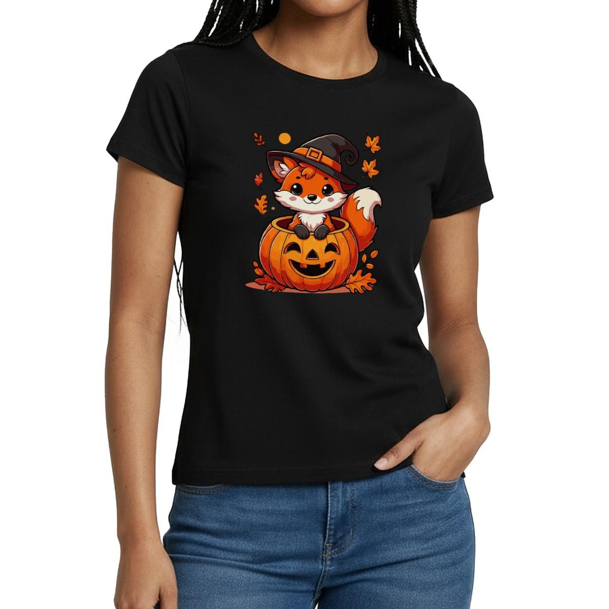 Spreadshirt T-Shirt Süßer Halloween Fuchs Im Kürbis Mit Hexenhut Frauen T-Shirt (1-tlg) Slim Fit, fällt klein aus