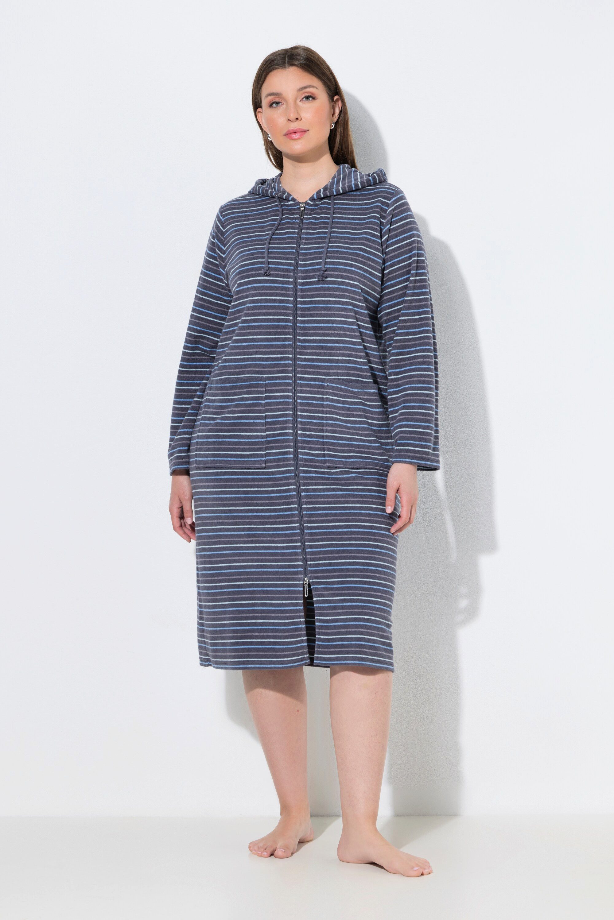 Ulla Popken Bademantel Bademantel Frottee Streifen 2-Wege-Zipper, lang, Materialmix