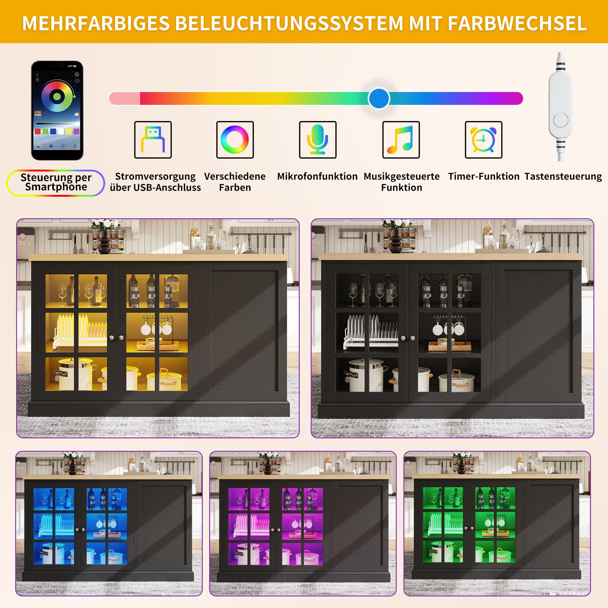 Flieks Kücheninsel mit klapparen Arbeitsplatte in Holzoptik und LED-Beleuchtung, (B120/H90/Tiefe 40-70cm), Multifunktionaler Küchenschrank mit Glastüren und seitlichen Weinregal