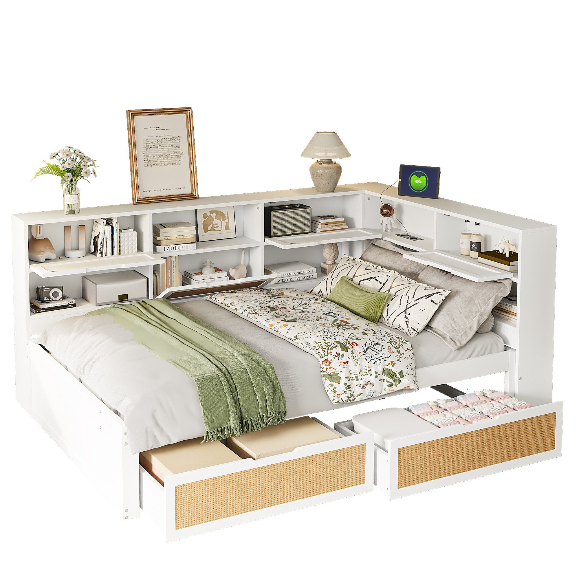OKWISH Stauraumbett Holzbett Einzelbett Kinderbett mit Ausziehbett, mit Sta günstig online kaufen
