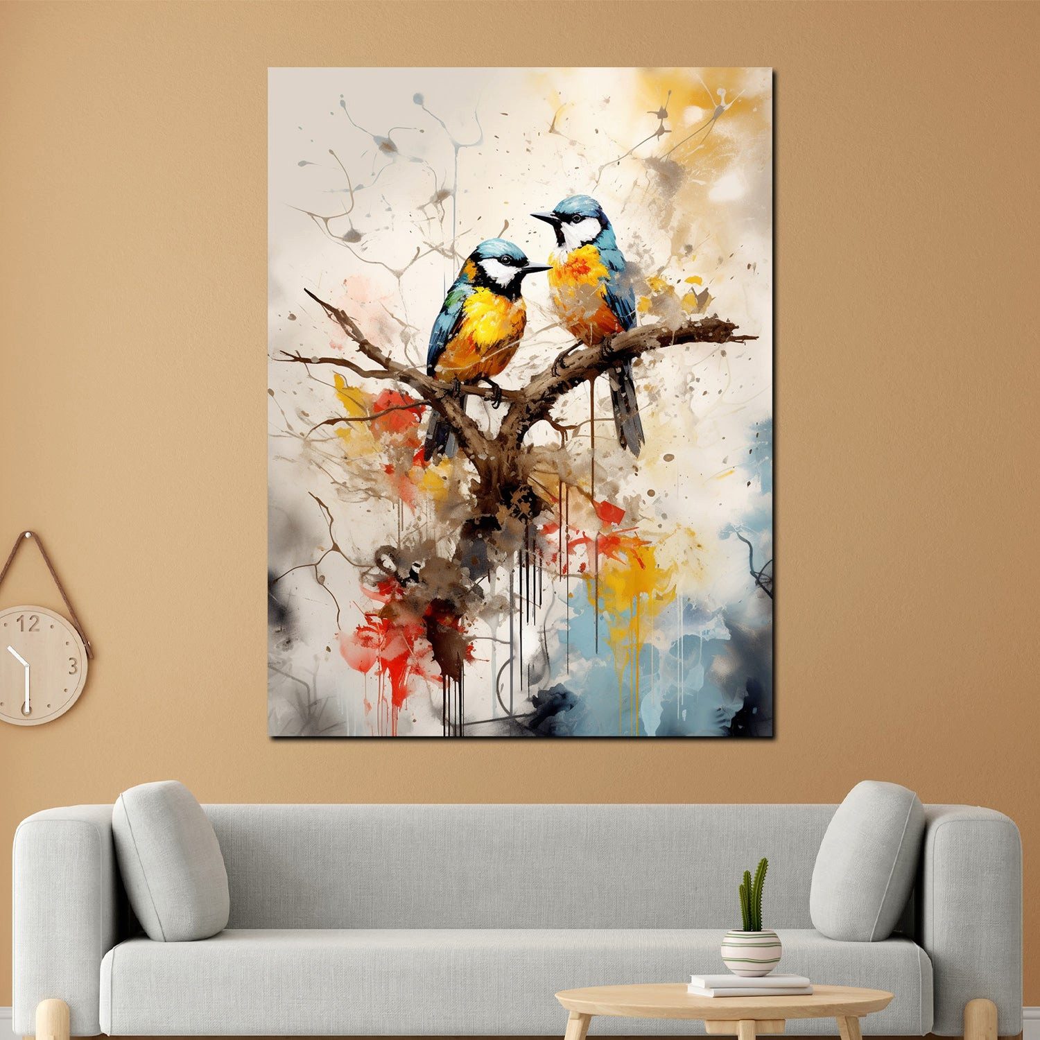 Artedinoi Leinwandbild Zwei Vögel auf Zweig Aquarell Leinwandbild Wandbild XXL Deko, Vögel auf einem Zweig