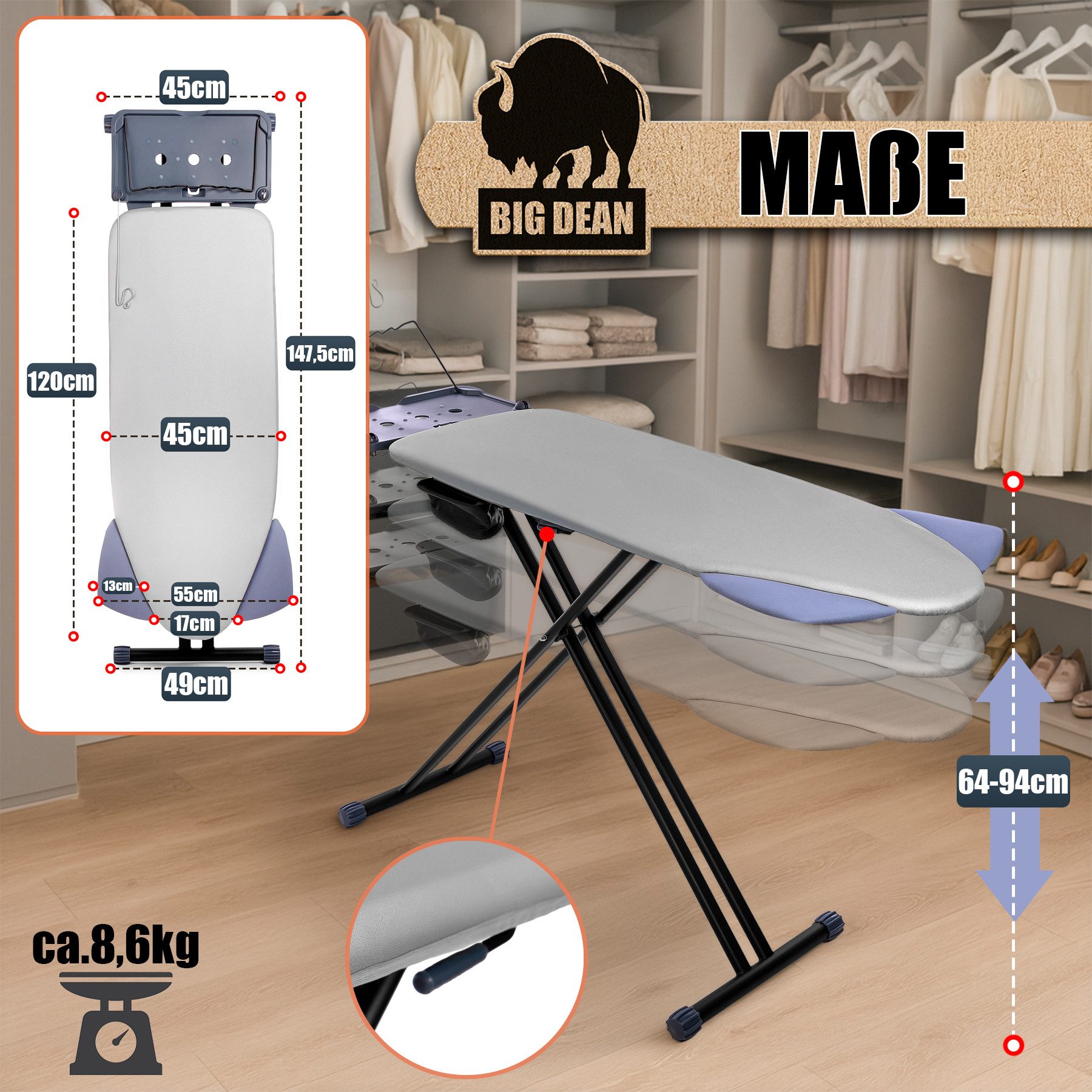 BigDean Bügelbrett XXL (120x45 cm Bügelfläche) inkl. ausklappbarer Schulterpassform, Bügelfläche 120x45 cm, Breite Stahlkonstruktion, Kindersicherung, Kabelführung, Seitentasche