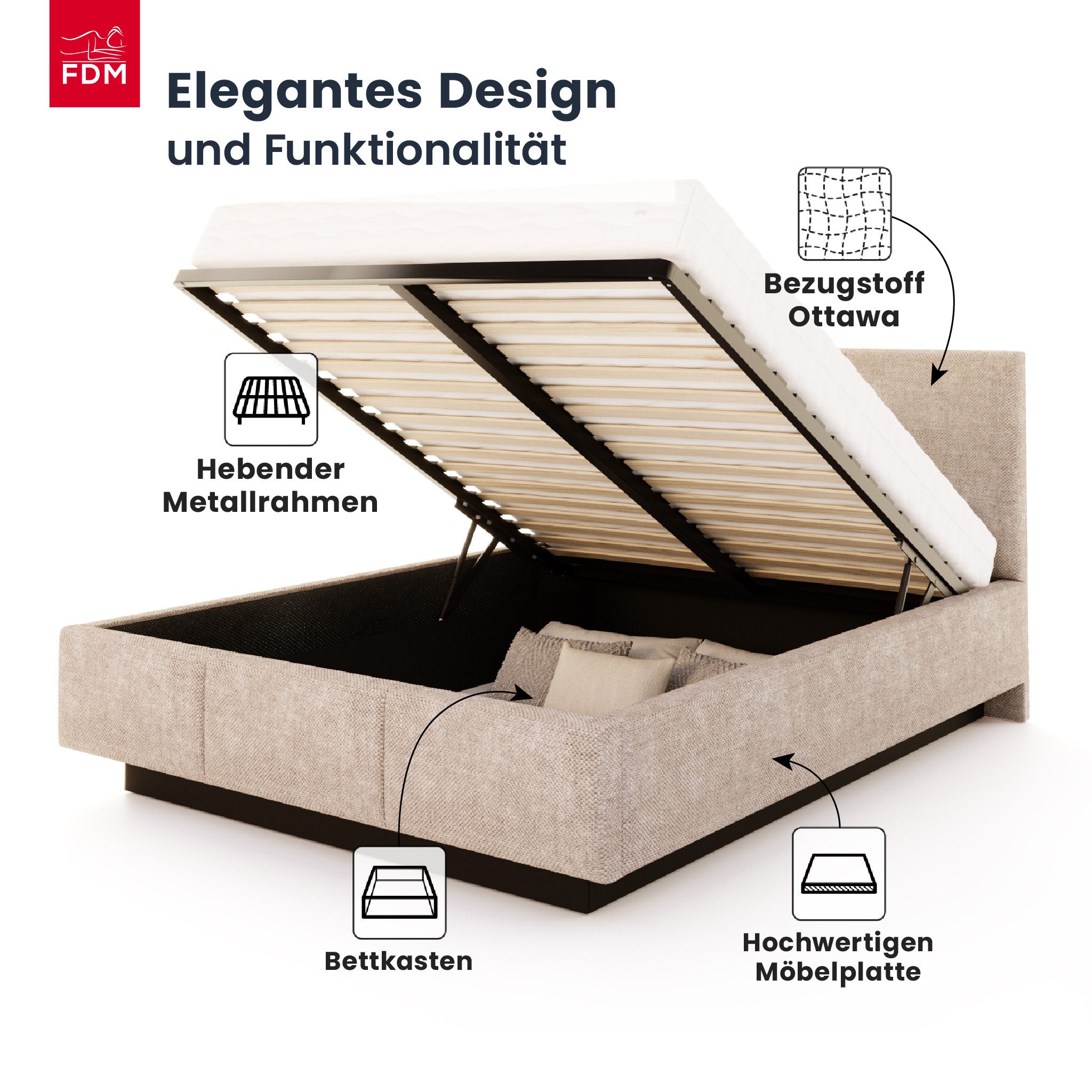 FDM Polsterbett ALMADA modern mit Bettkasten MADE IN EU - mit Ottawa Bezug (verfügbar 90x200 120x200 140x200 160x200 180x200cm, Bettrahmen, Bett, mit großen gep – Bild 3 von 5