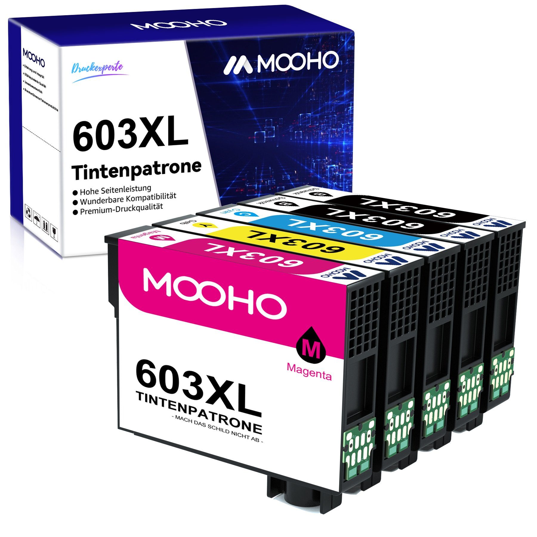 MOOHO ersetzt für EPSON 603XL 603 XL WF-2830 WF-2810 WF-2850 Tintenpatrone 2x Schwarz, 1x Cyan, 1x Magenta, 1x Gelb (5er-pack)
