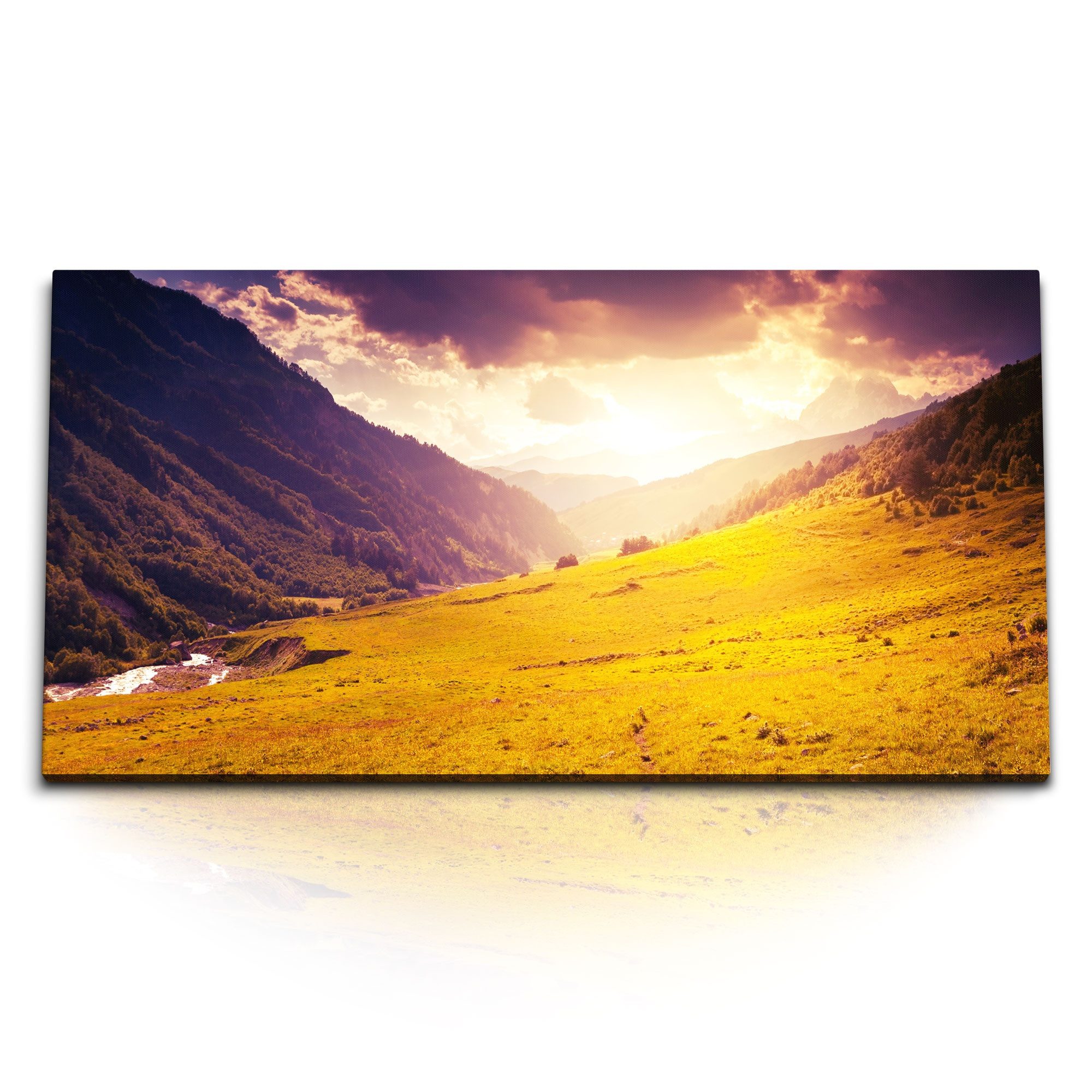Leinwandbild Kunstdruck Bilder 120x60cm Berge Natur Sonnenuntergang Wiese Grün Berg