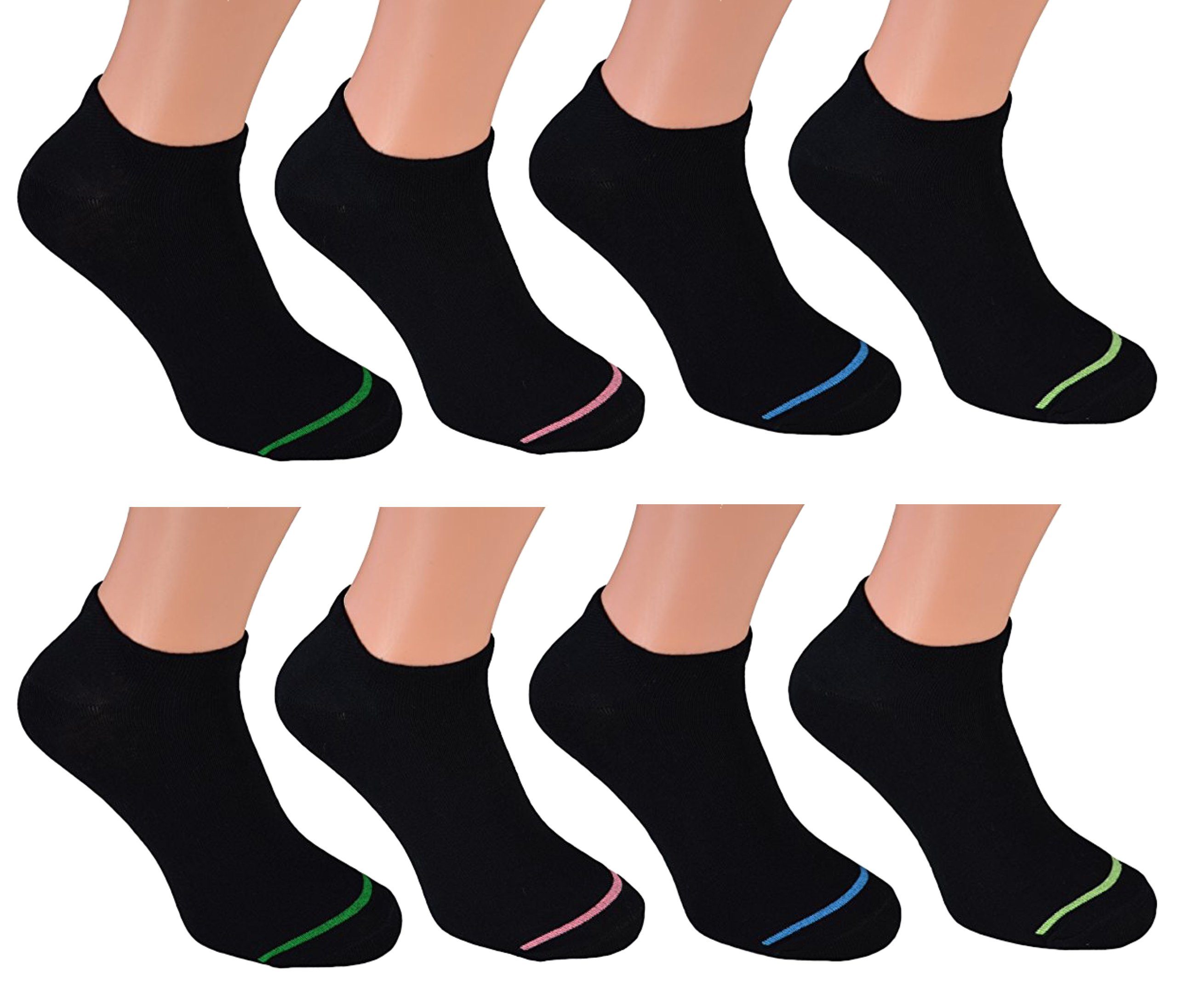 schwarz (8-Paar) Füsslinge - Sneakersocken underwear Baumwolle Sneaker Streifen Neon Cocain Socken Herren 8 mit für Söckchen Modelle Paar verschiedene