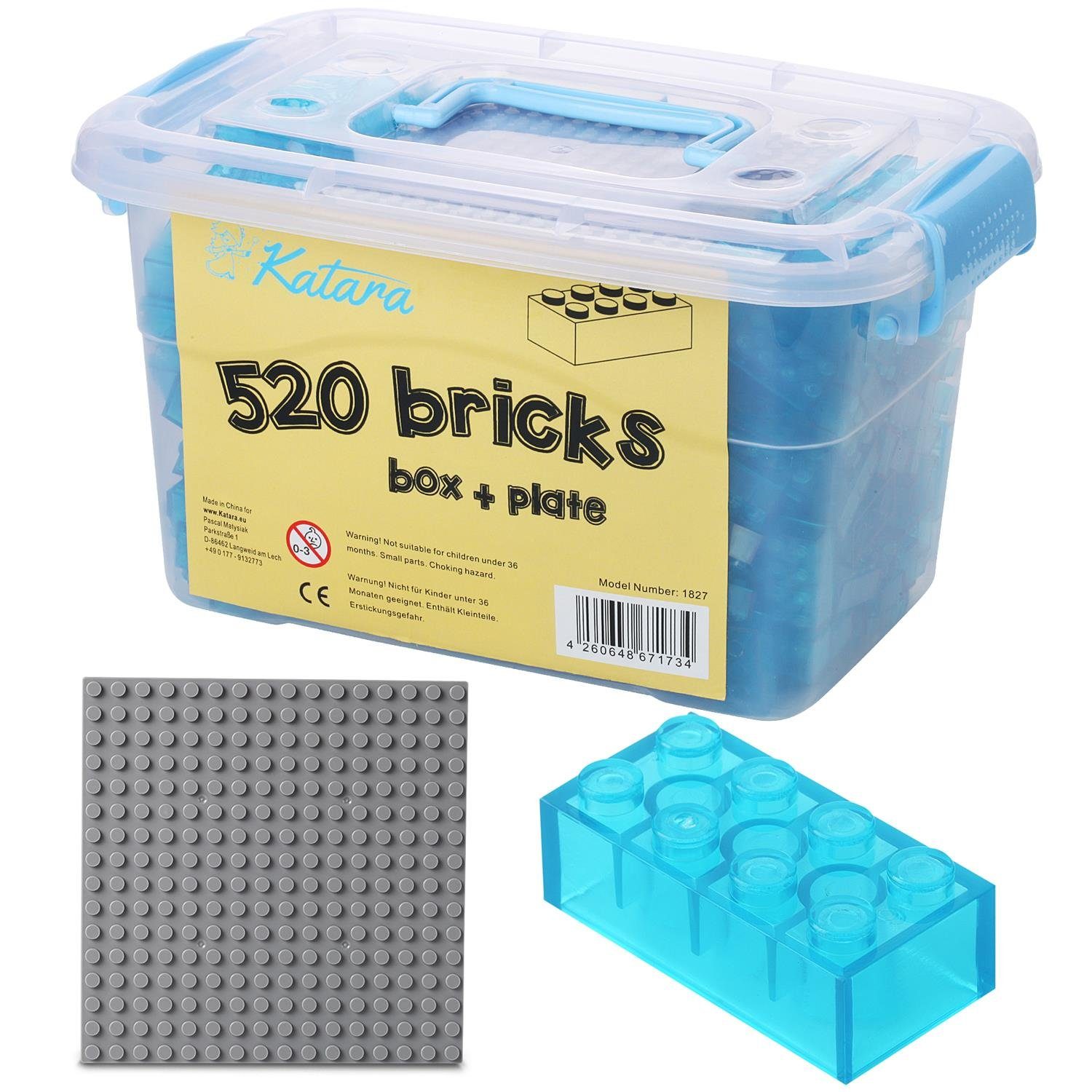 Katara Konstruktionsspielsteine Bausteine Box-Set mit 520 Steinen + Platte + Box, (3er Set), Kompatibel zu allen Anderen Herstellern - verschiedene Farben transparent-blau