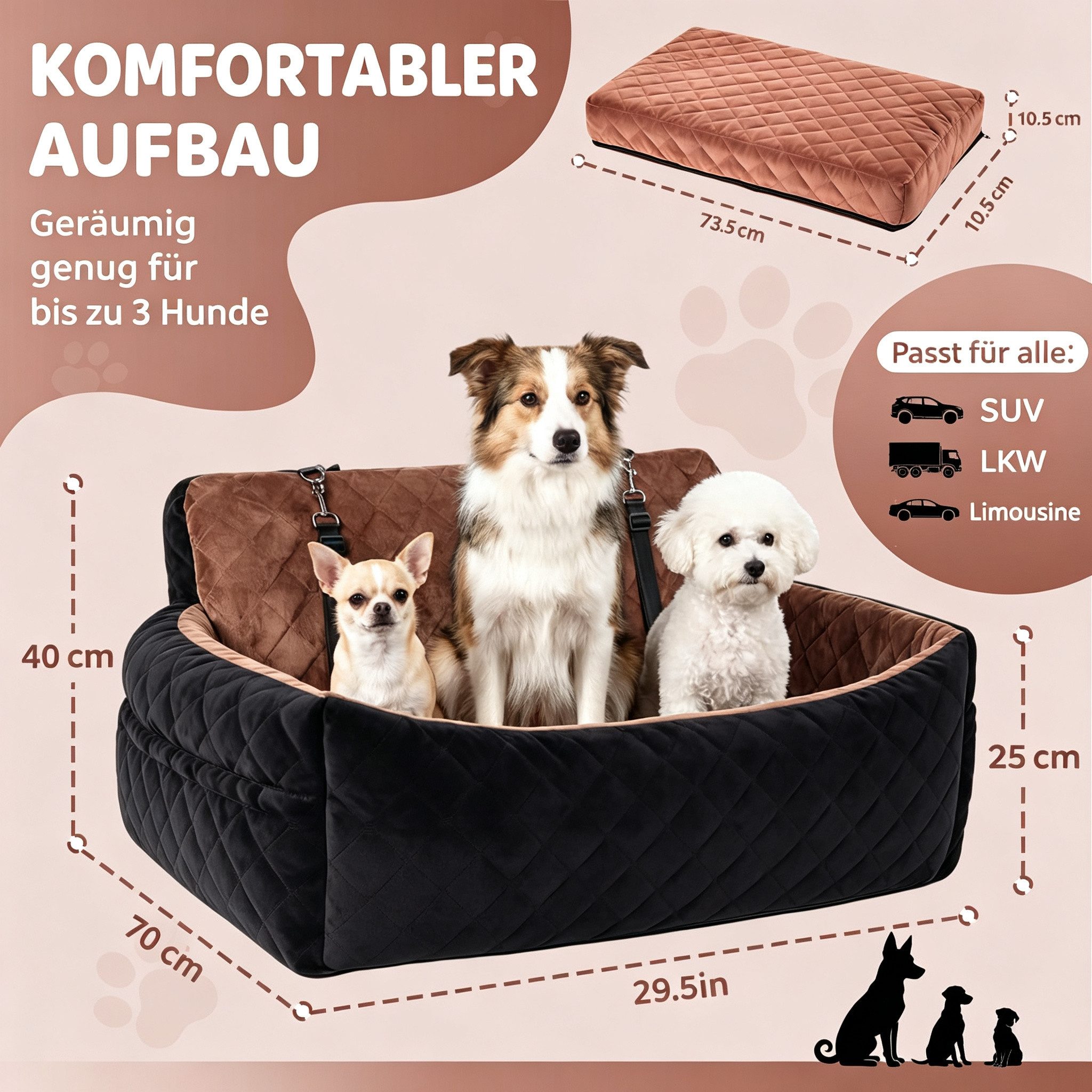 GarveeMore Hunde-Autositz 80*50*40cm Plüsch Autohundesitz Groß Mit Befestigungsgurten, bis 25kg Hund, leicht reinigbar, sicher für Autofahrten, Zuhause