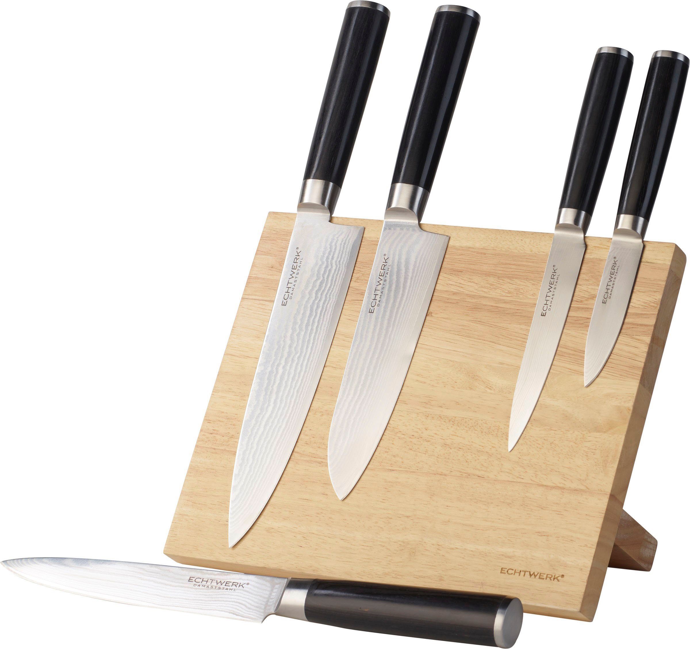 ECHTWERK Magnet-Messerblock (6tlg), incl. Damaszener Messer-Set, ergonomischer Holzgriff aus Pakka-Holz
