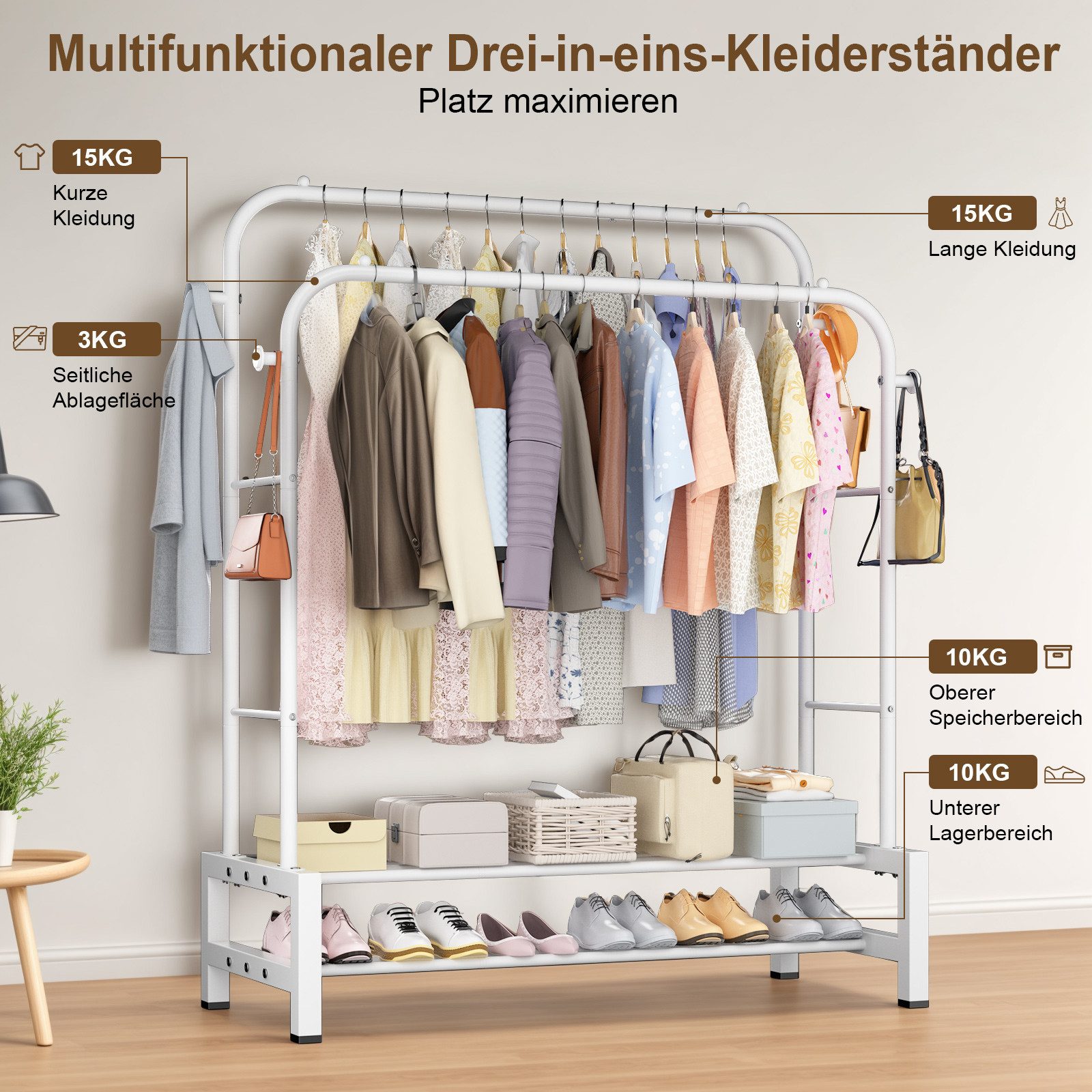 loefme Kleiderständer 3-in-1 Garderobenständer, Metall Kleiderstange offen, (mit doppelter Ablage & Seitenhaken), Einfache Montage Multifunktionaler Kleiderständer, Schwarz