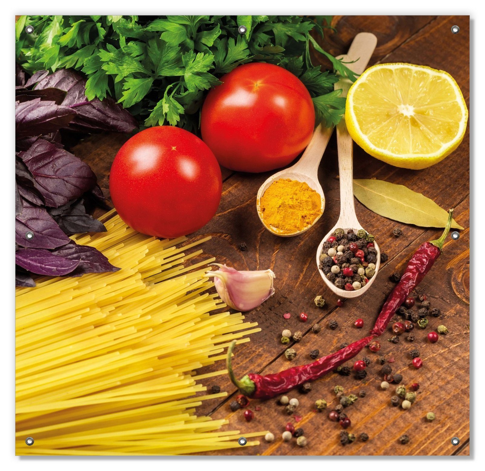 Sonnenschutz Italienisches Menü mit Spaghetti, Tomaten, Basilikum und Gewürzen, Wallario, blickdicht, mit Saugnäpfen, wiederablösbar und wiederverwendbar