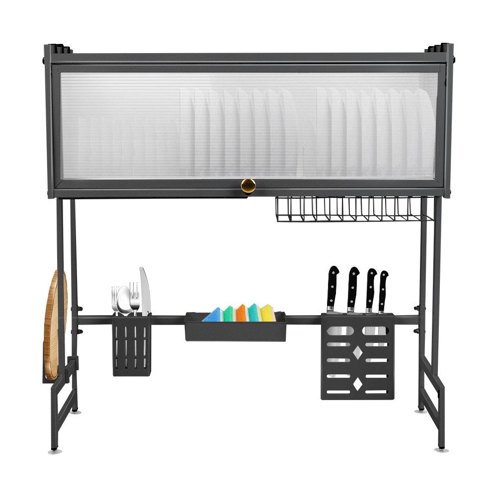 JEOBEST Geschirrständer Abtropfständer über der Spüle mit Abdeckung, Dish Rack, mit Messerhalterung, Utensilien-Halter, Schneidebrettständer, Stahl