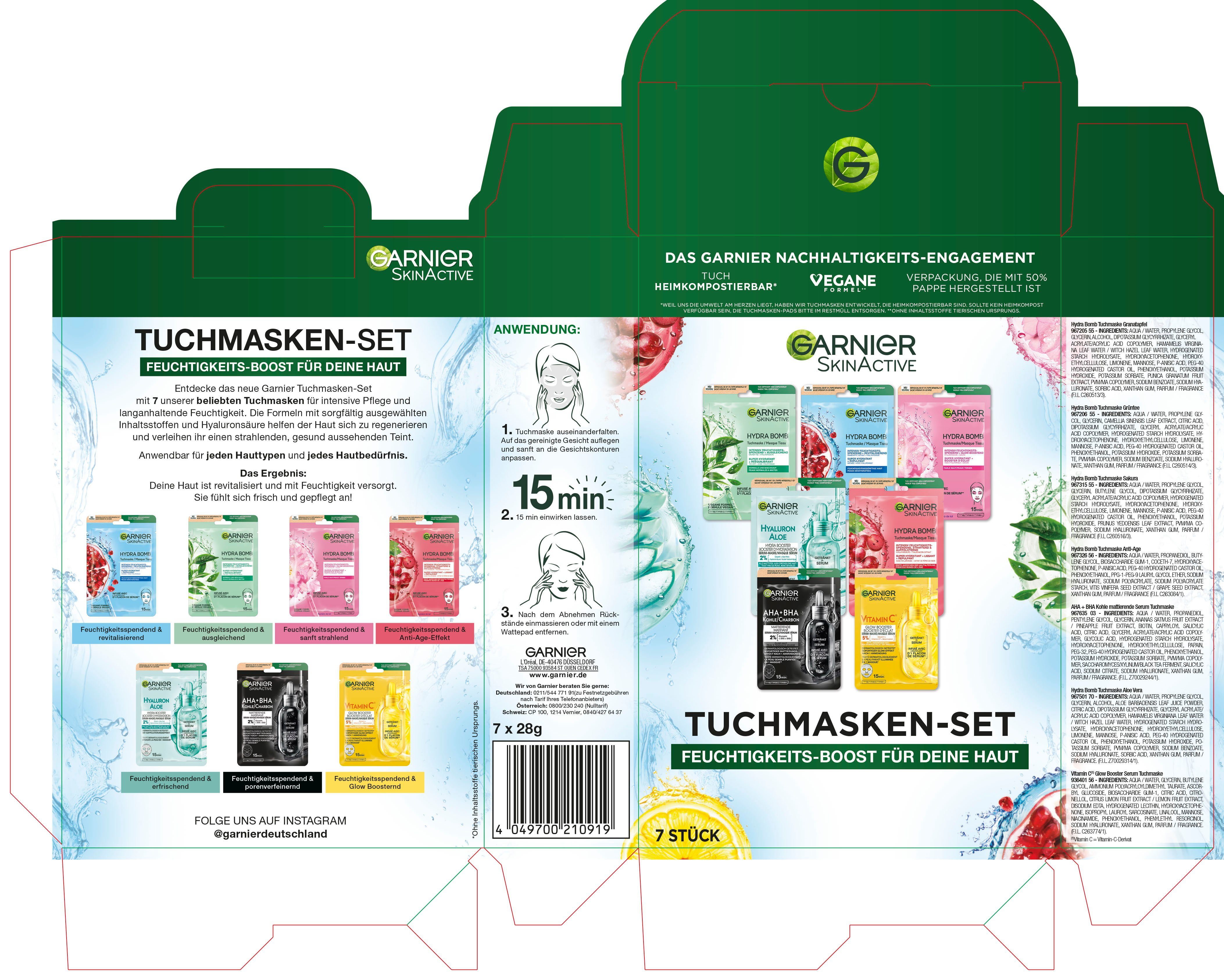 GARNIER Tuchmaske Garnier SkinActive Tuchmasken-Set Set, 7-tlg., vielseitige Pflege durch sieben verschiedene Tuchmasken