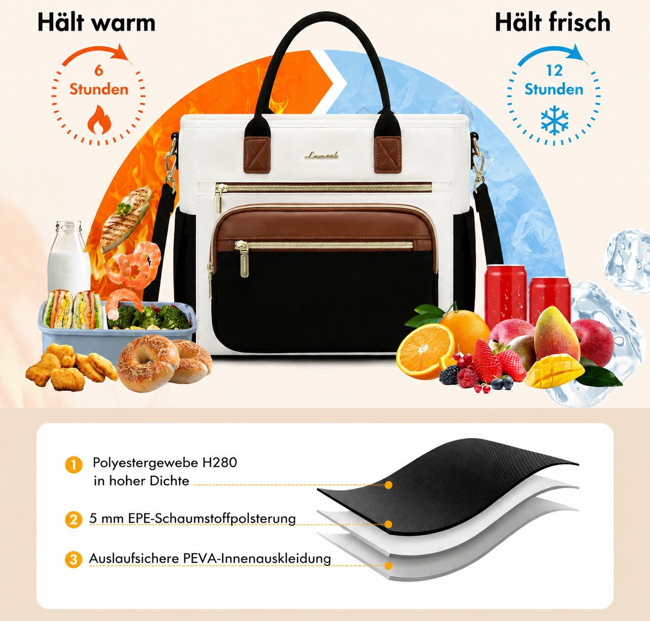 Diwzbyn Lunchbox Lunchbag Damen Isoliert, Auslaufsicher, Große Öffnung, Mit verstellbarem Schultergurt für Arbeit, Picknick & Reise – Bild 3 von 5