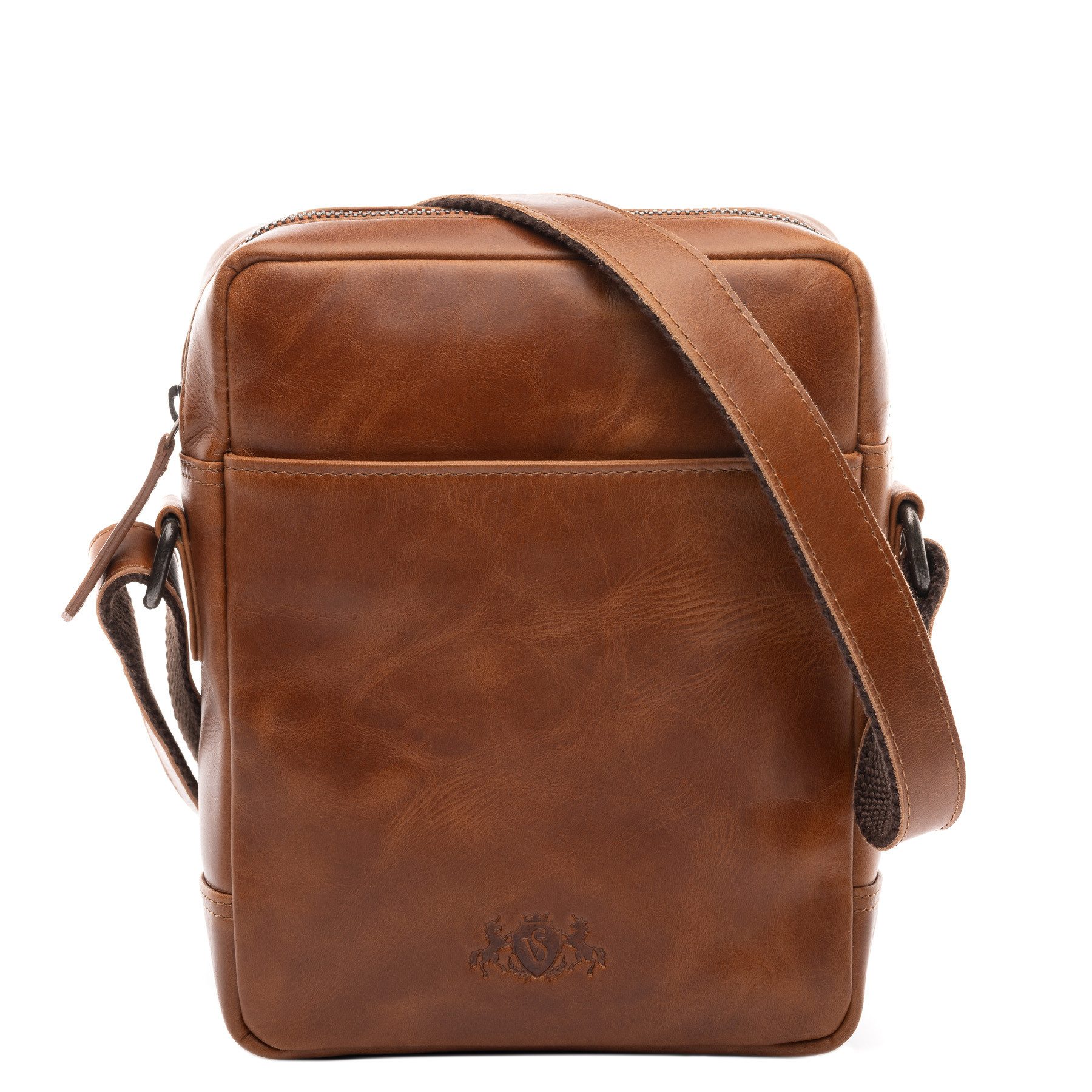 SID & VAIN Umhängetasche echt Leder Schultertasche groß braun DUBLIN, Schultertasche echt Leder Damen Herren, Crossbody Bag, hellbraun