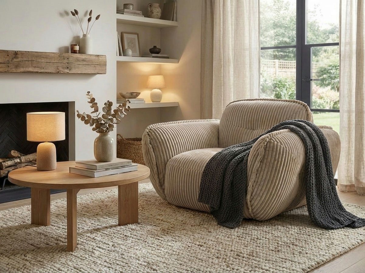 TRENDMANUFAKTUR Sessel Be Fluffy, mit Rundumbezug, moderner breiter Kedernaht, mit softem Sitzkomfort, in hochwertigem Breitcord mit weicher Haptik