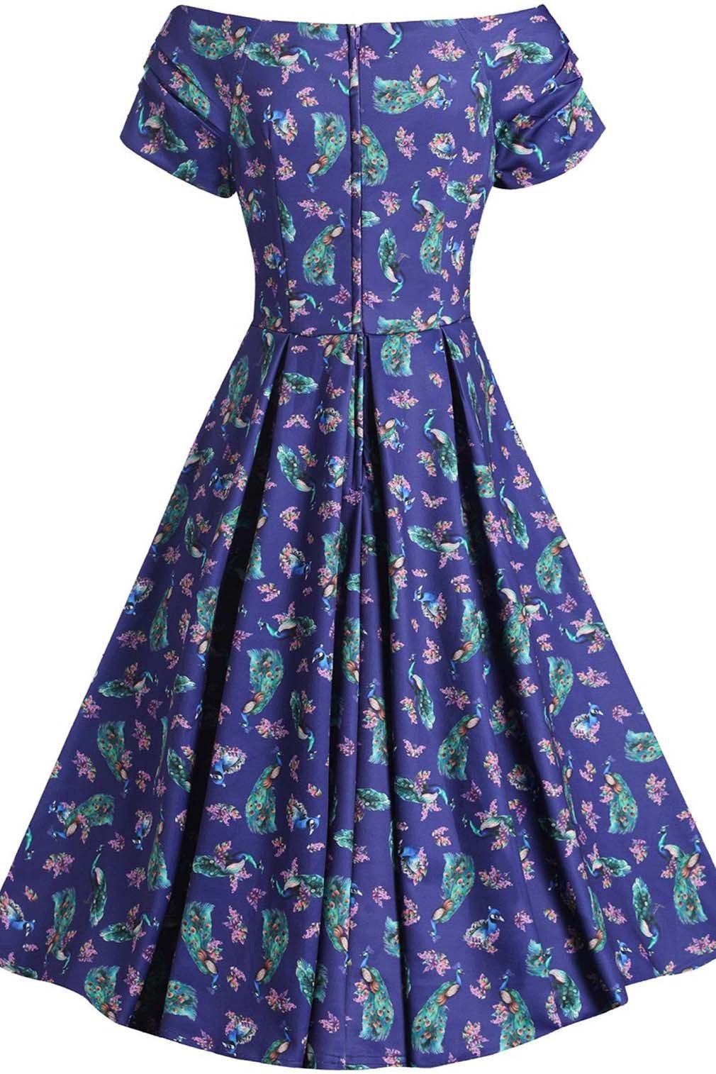 Dolly and Dotty A-Linien-Kleid Lily Purple Peacocks Off-Shoulder Vintage Retro