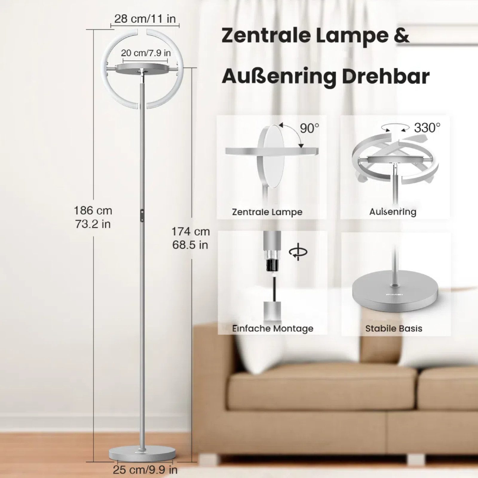 FIMEI Stehlampe Saturn-Stehlampe 36W, Stufenlos dimmbar, LED fest integriert, warmes Licht, kaltweiß, Tageslicht, Steuerung per Fernbedienung/Touchbedienung