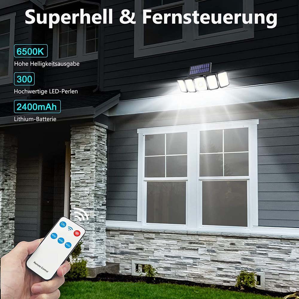 Rosnek LED Außen-Wandleuchte Solar, 5 Außenbereich Hof, Kaltweiß, 3 Bewegungssensor, Garage Köpfe, für Terrasse Fernbedienung, Beleuchtungsmodi
