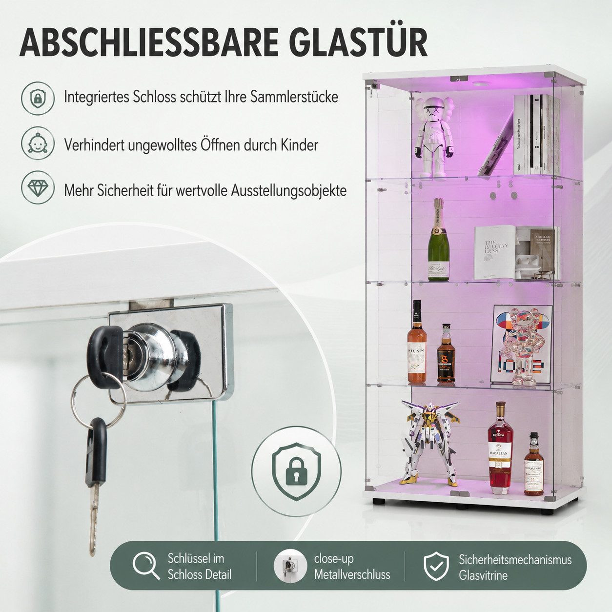 Simurq Glasvitrine glasvitrine,vitrinenschrank,vitrine mit LED,4 lagen sammlervitrine (Packung, Sammlervitrine Schauvitrine mit türen und Schloss, Gehärtetes Glas) LED-Streifenbeleuchtung; Mit Schloss