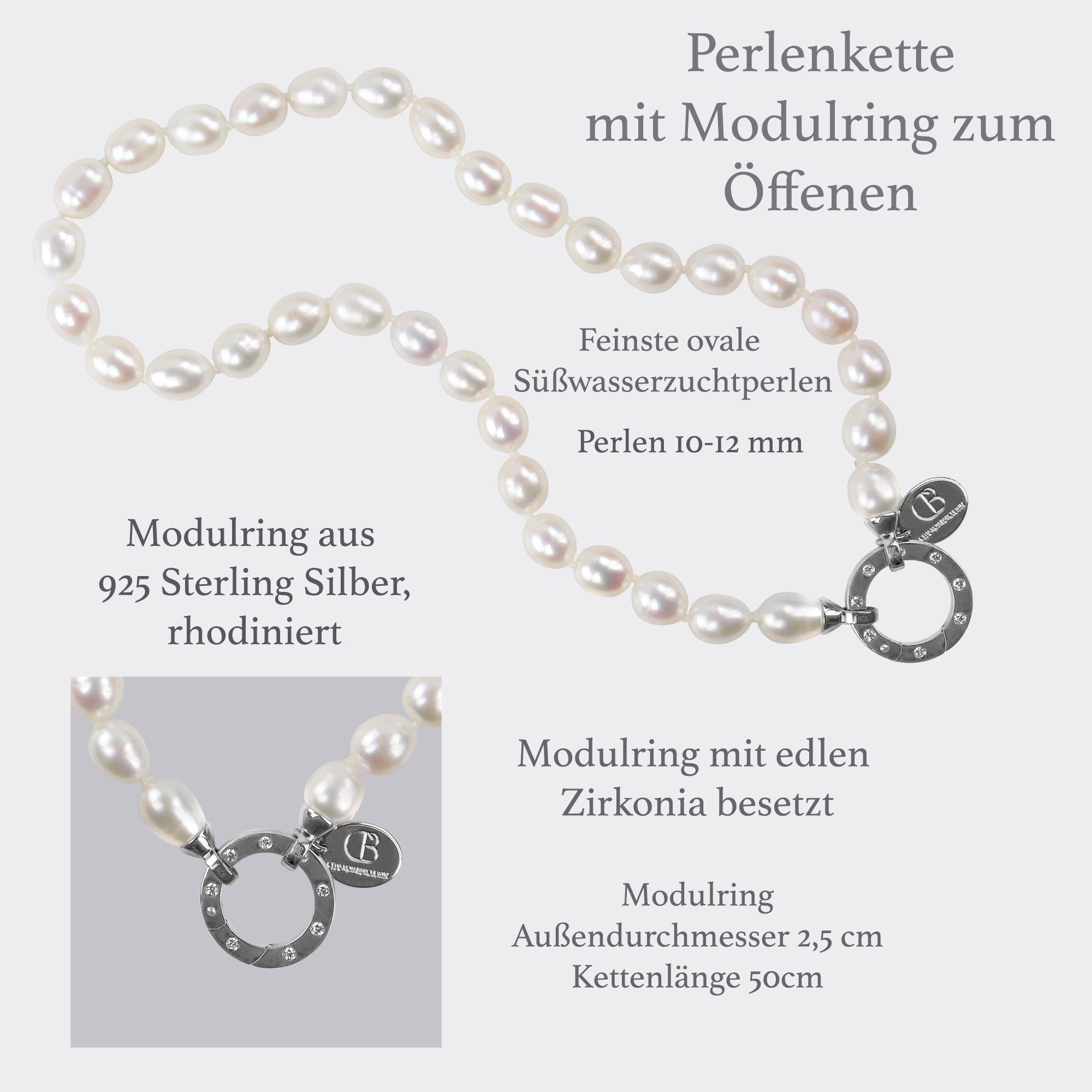 Celia von Barchewitz Perlenkette "Zeitlos Schön" aus ovalen Süßwasser-Zuchtperlen, Länge ca. 50 cm, Design-Federring mit Zirkonia als Verschluß