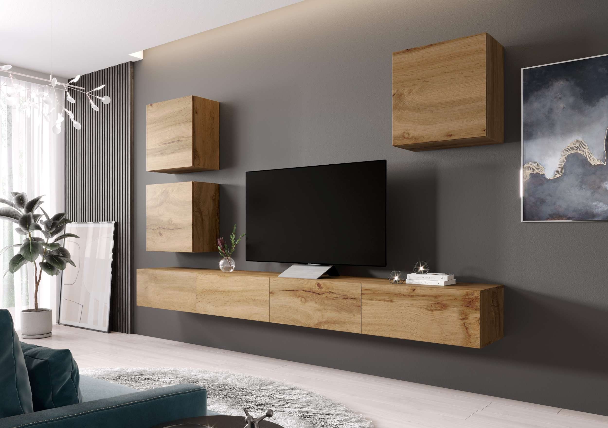 Wohnmöbel, bestehend 3xLowboard Design, Push-to-Open, Wohnwand und Stylefy Wotan Vago ONE V Modern (Set 3xHängeschrank, Wohnzimmer-Set), aus variabel mit (6-St), Eiche, hängbar