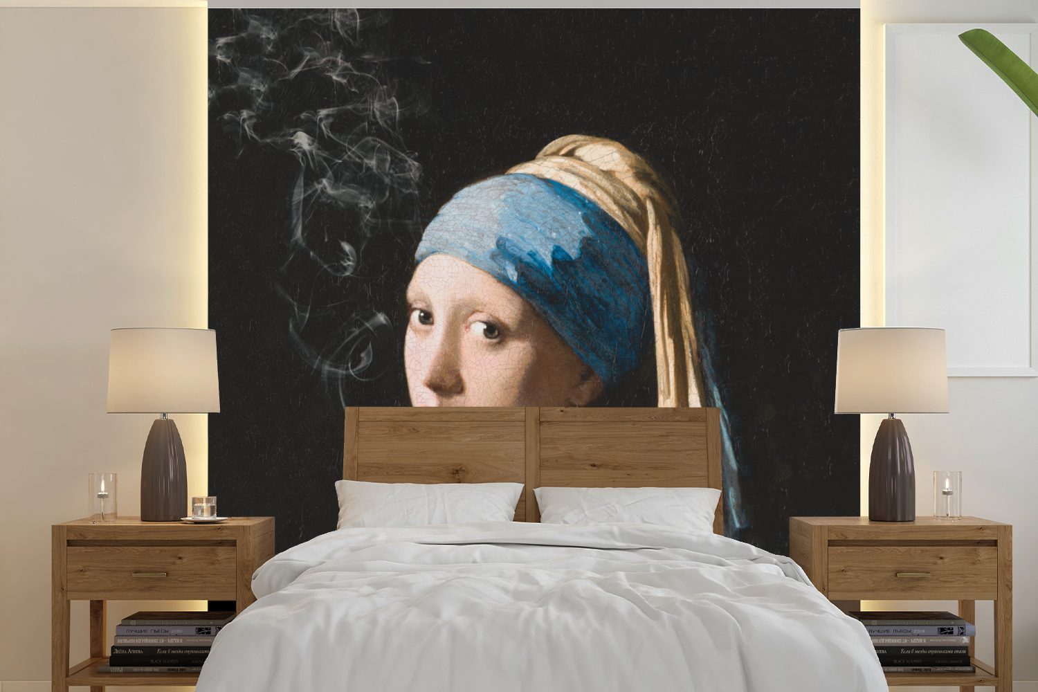 MuchoWow Fototapete Das Mädchen mit dem Perlenohrring - Vermeer - Rauchen, Matt, bedruckt, (5 St), Vinyl Tapete für Wohnzimmer oder Schlafzimmer, Wandtapete