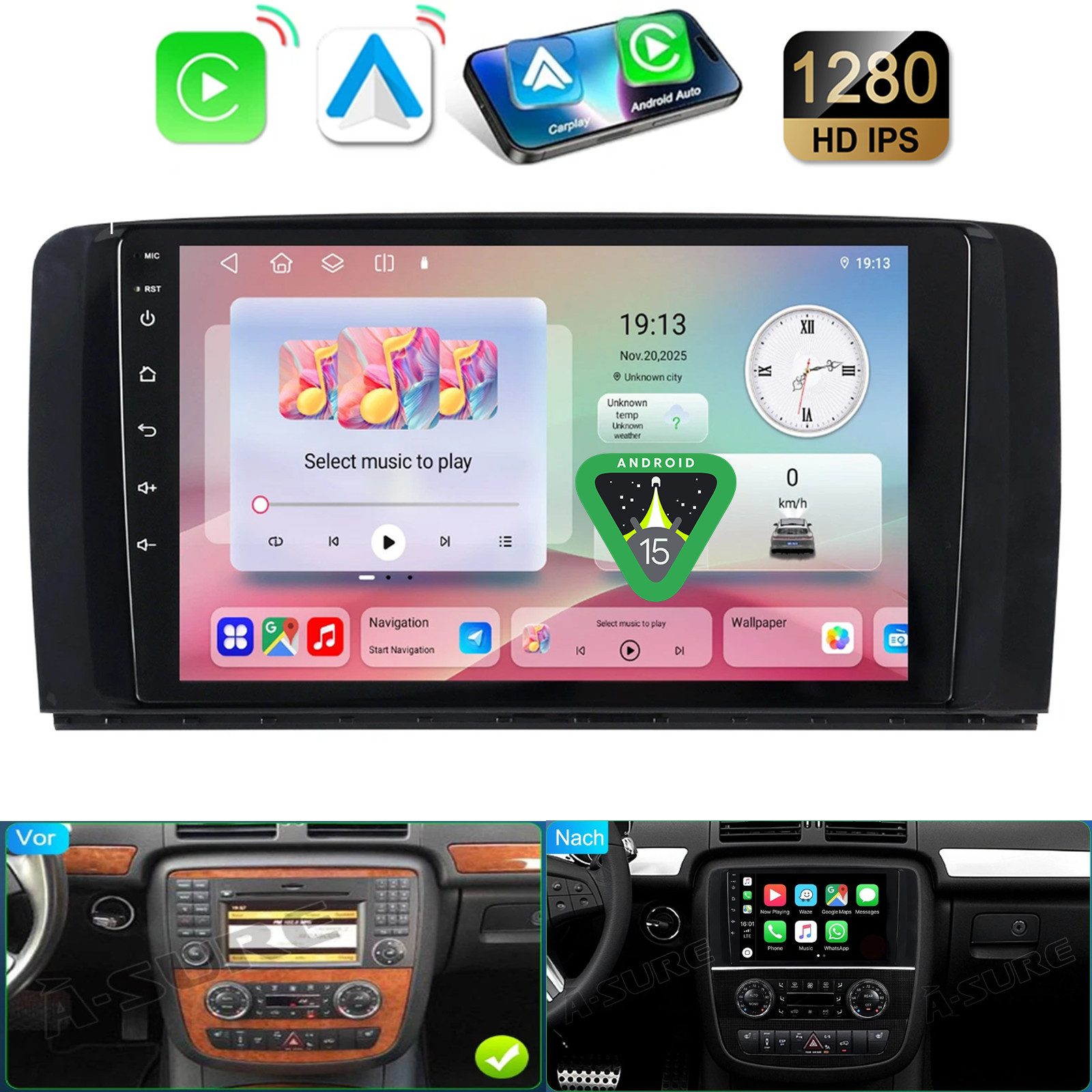 A-Sure Carplay Android 15 Navi für Mercedes-Benz R-Class R 350 W251 2006–2013 Autoradio (DSP, RDS, Android Auto, Digitalradio (DAB), FM, Apple Carplay, WIFI)