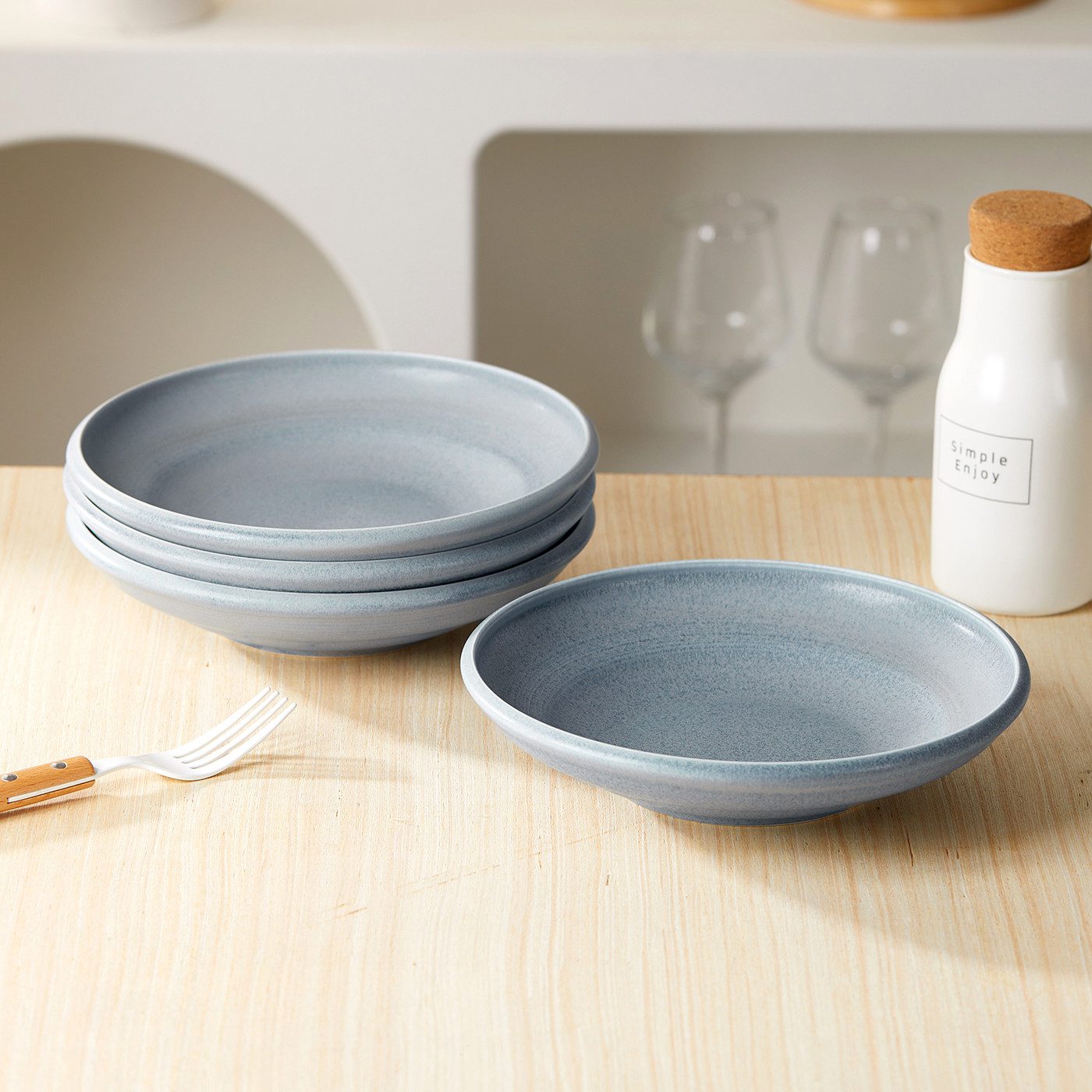 JIWOO Suppenteller 4er Ø22cm, Speiseteller Pastateller Salatteller Dessertteller Plate, (4 St), Keramik Tellerset Weiß mikrowellen- und spülmaschinenfest Ø21,2 cm