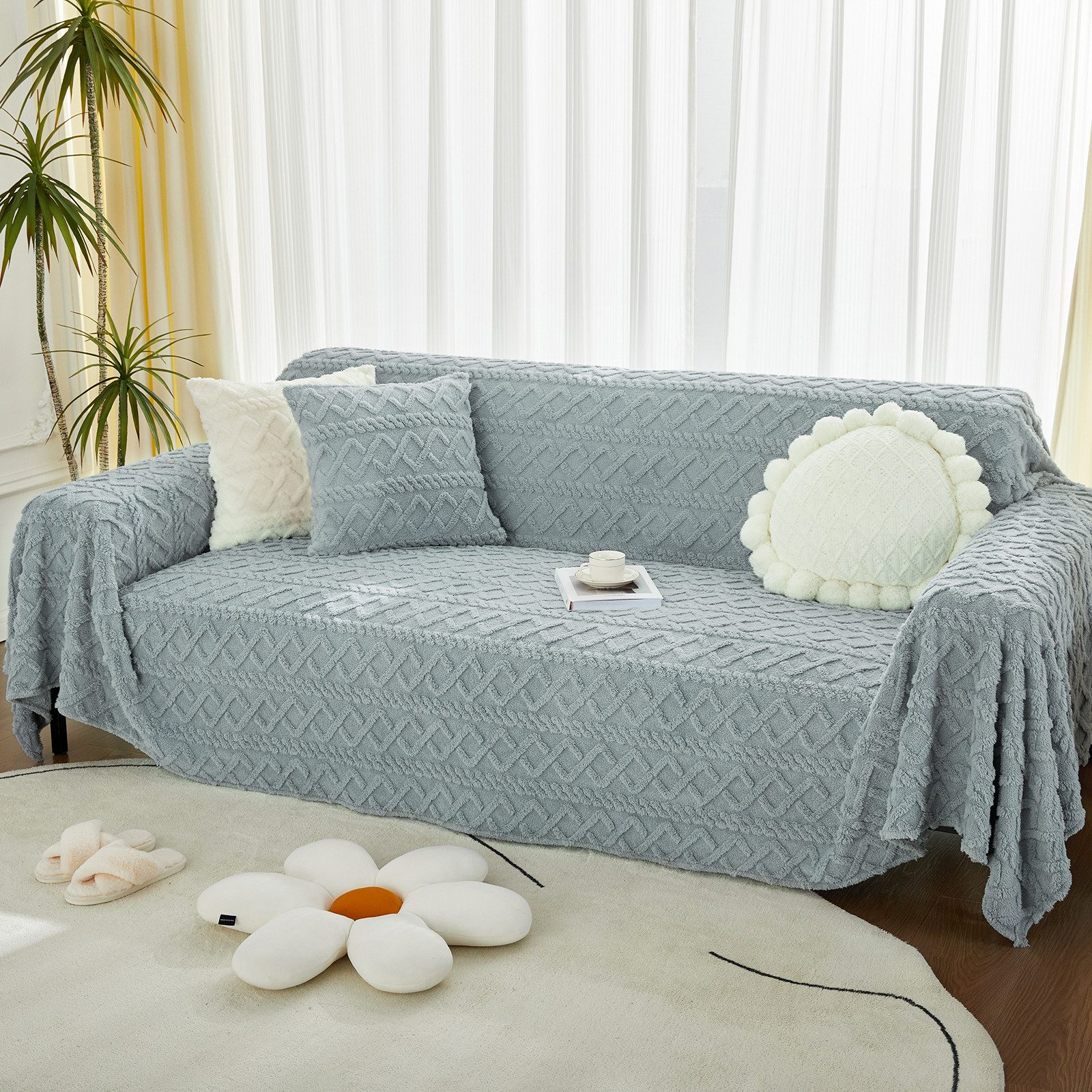 Sunicol Sofabezug Weiche Flauschiger Kunstpelz Sofabezug Waschbar Couch überzug, 3 Größen, Jacquard Sofaüberwurf Decke