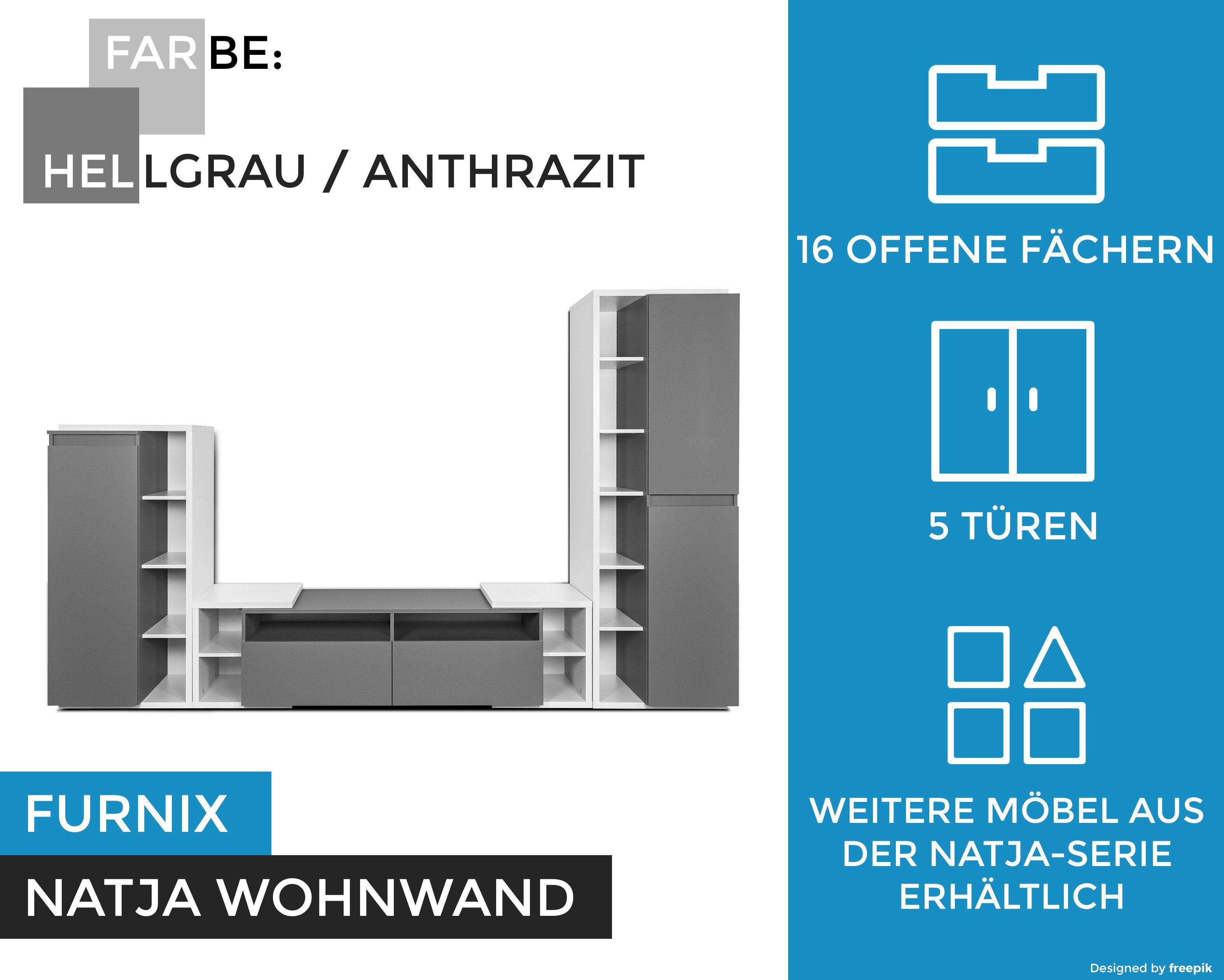Hellgrau/Anthrazit, breit Wohnwand Furnix 306 mit cm NATJA TV-Board, Gesamt 3-teilg Hochschrank, Highboard, Mediawand