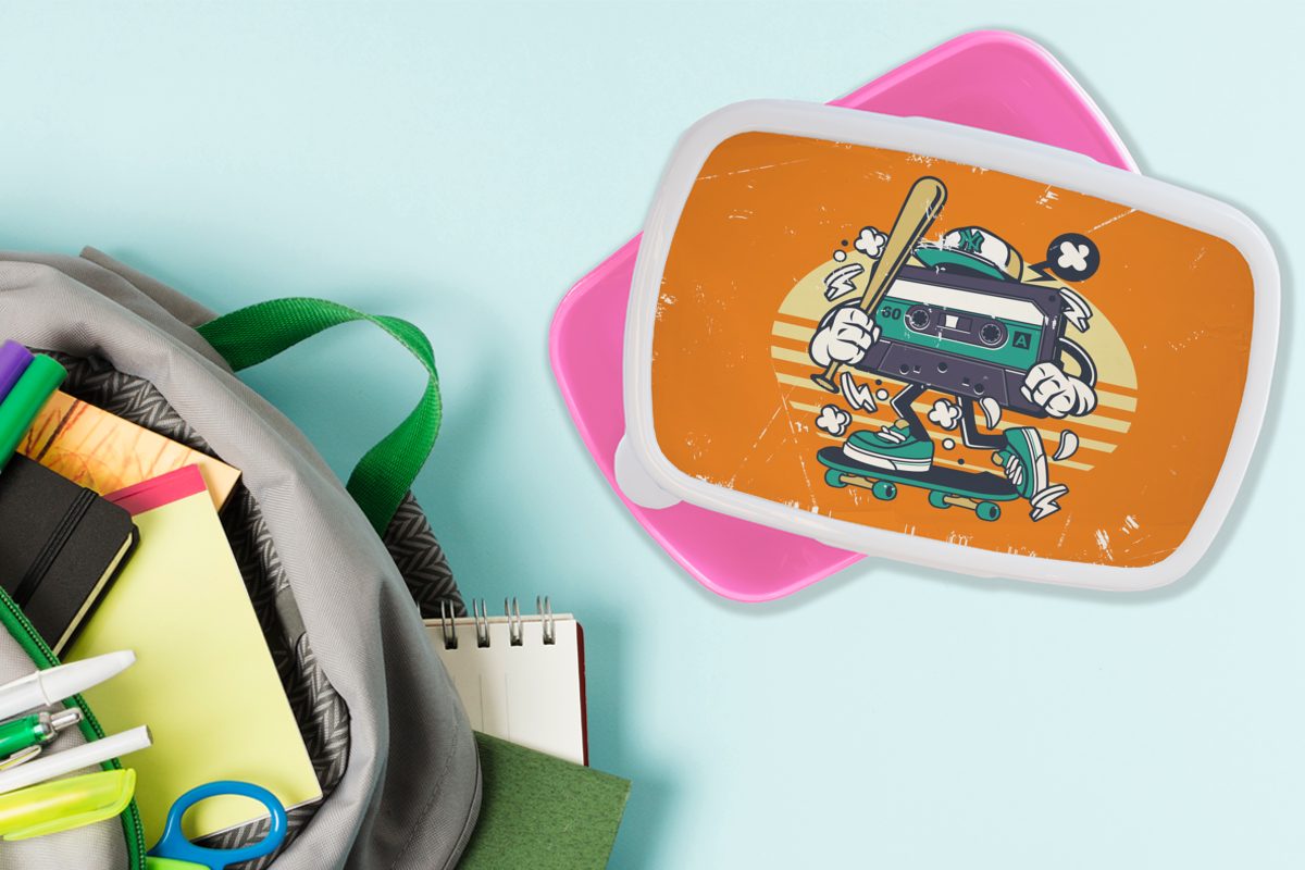 rosa Brotbox Kinder, - Kunststoff (2-tlg), - Erwachsene, Mädchen, Lunchbox Kassette für Skateboard Snackbox, Kunststoff, MuchoWow Vintage, Brotdose