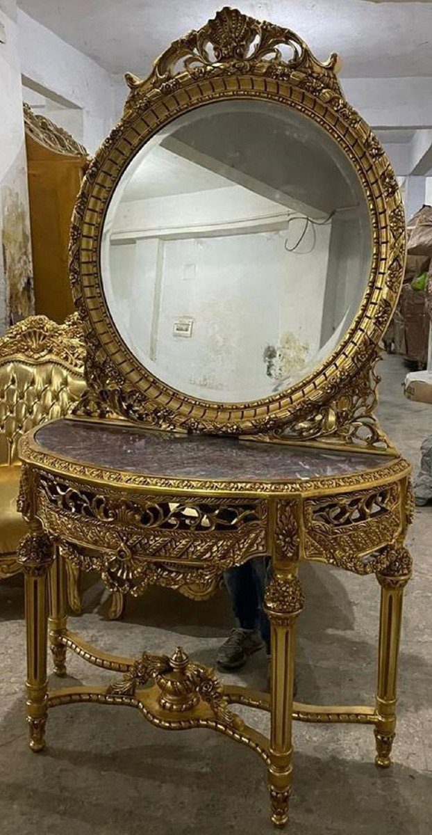Casa Padrino Barockspiegel Barock Spiegelkonsole mit Marmorplatte Gold / Grau - Prunkvolle Barock Konsole mit Spiegel - Handgefertigte Barock Möbel