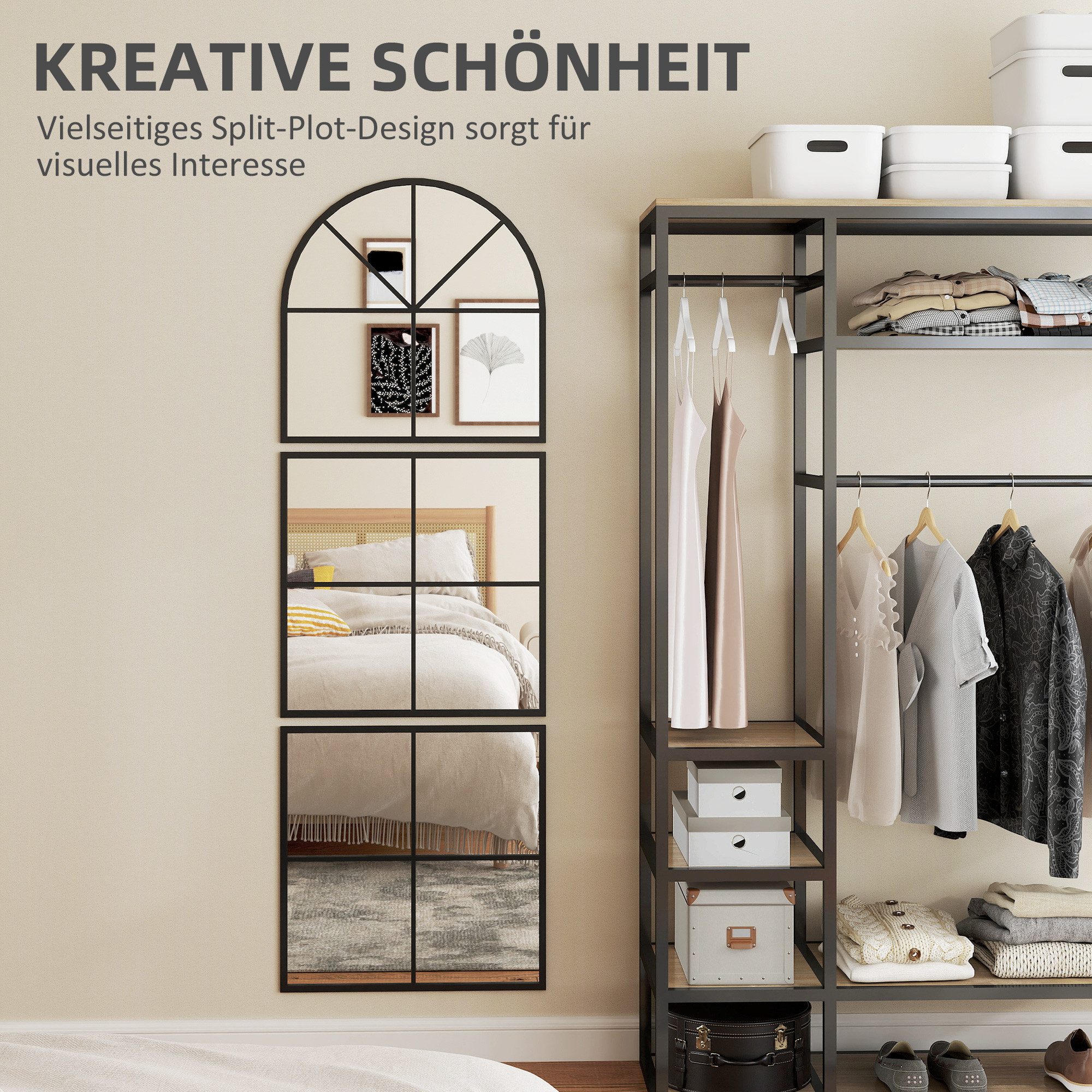 HOMCOM Wandspiegel mit Metallrahmen (bogenförmiger Spiegel, 1-St., dreiteilig Hängespiegel), für Wohnzimmer, Schlafzimmer, Flur, Schwarz – Bild 4 von 5