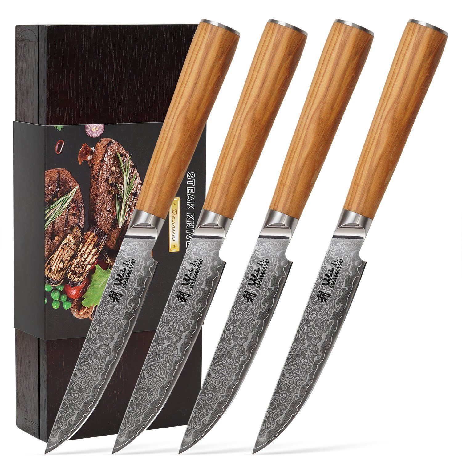 Wakoli Steakmesser Wakoli Oribu 4er Damast Steakmesser Set I 12,50cm Klinge I Olivenholzg