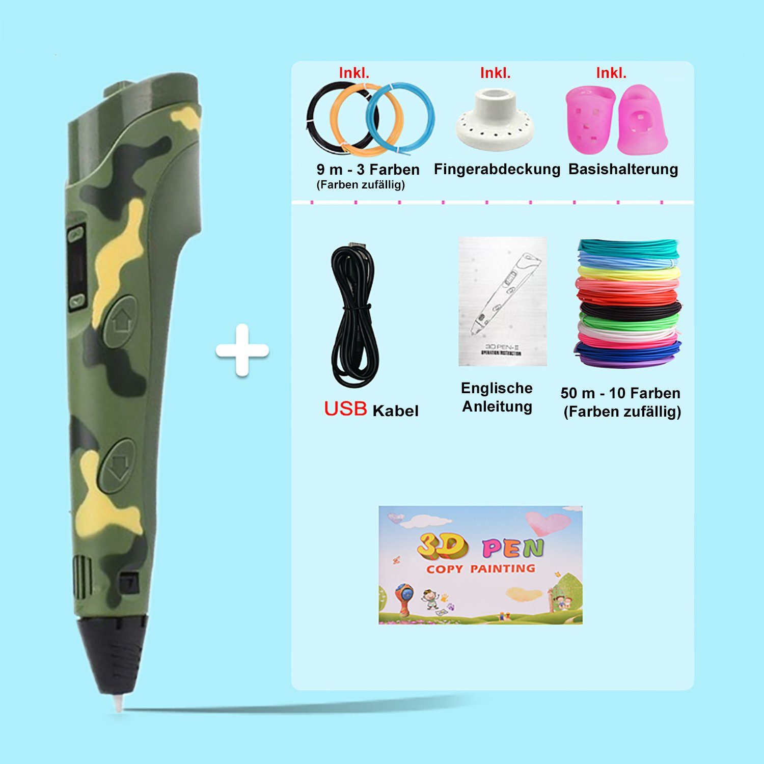 TPFNet 3D-Drucker-Stift DIY-Geschenk für Kinder 3D Stift für Kinder & Erwachsene mit USB Kabel, PLA Filamentstift mit LCD-Bildschirm 3D Drucker Stift Farbe Camouflage Stift Camouflage