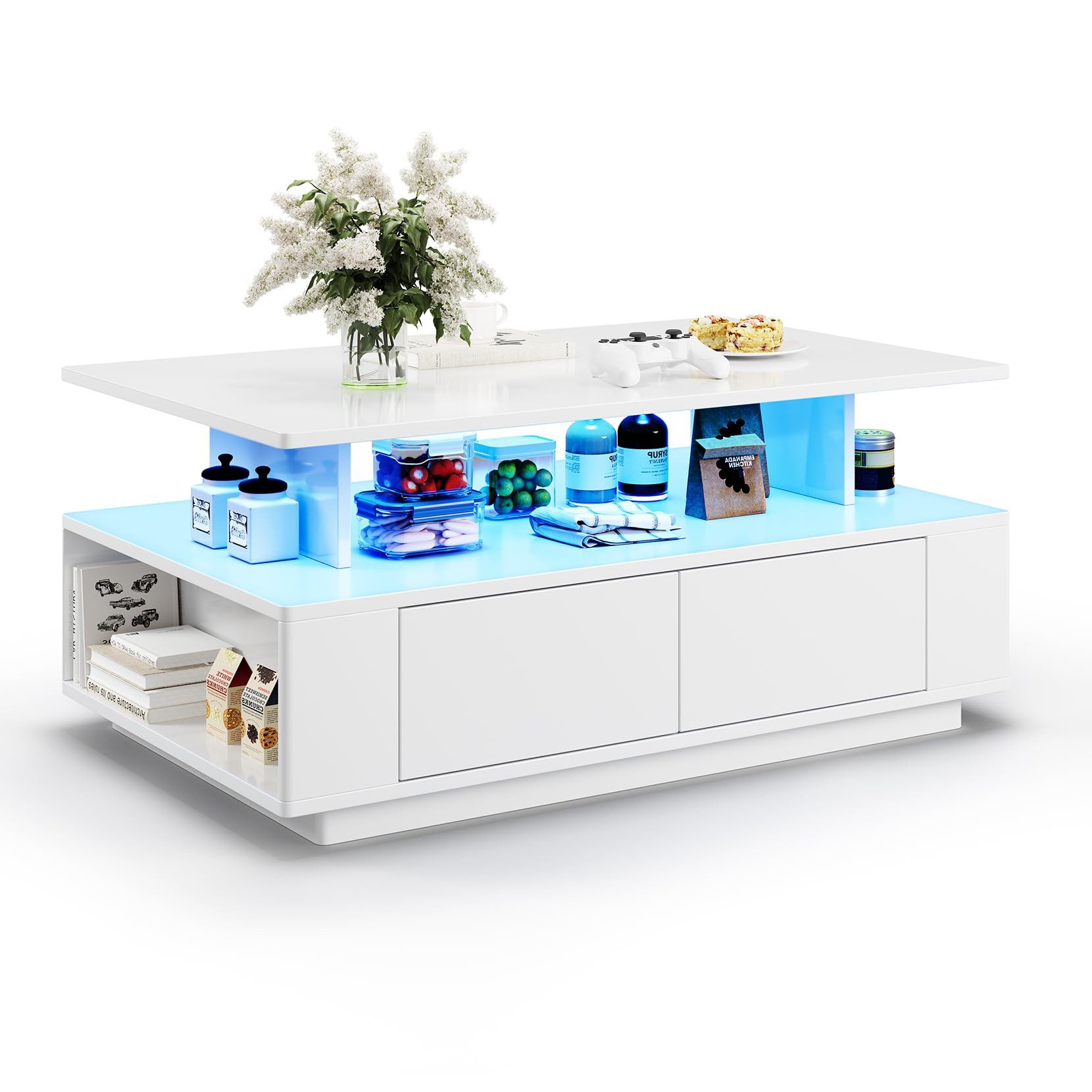 Dripex Couchtisch Couchtisch mit Stauraum Hochglanz Weiß 90x40x55 cm mit LED