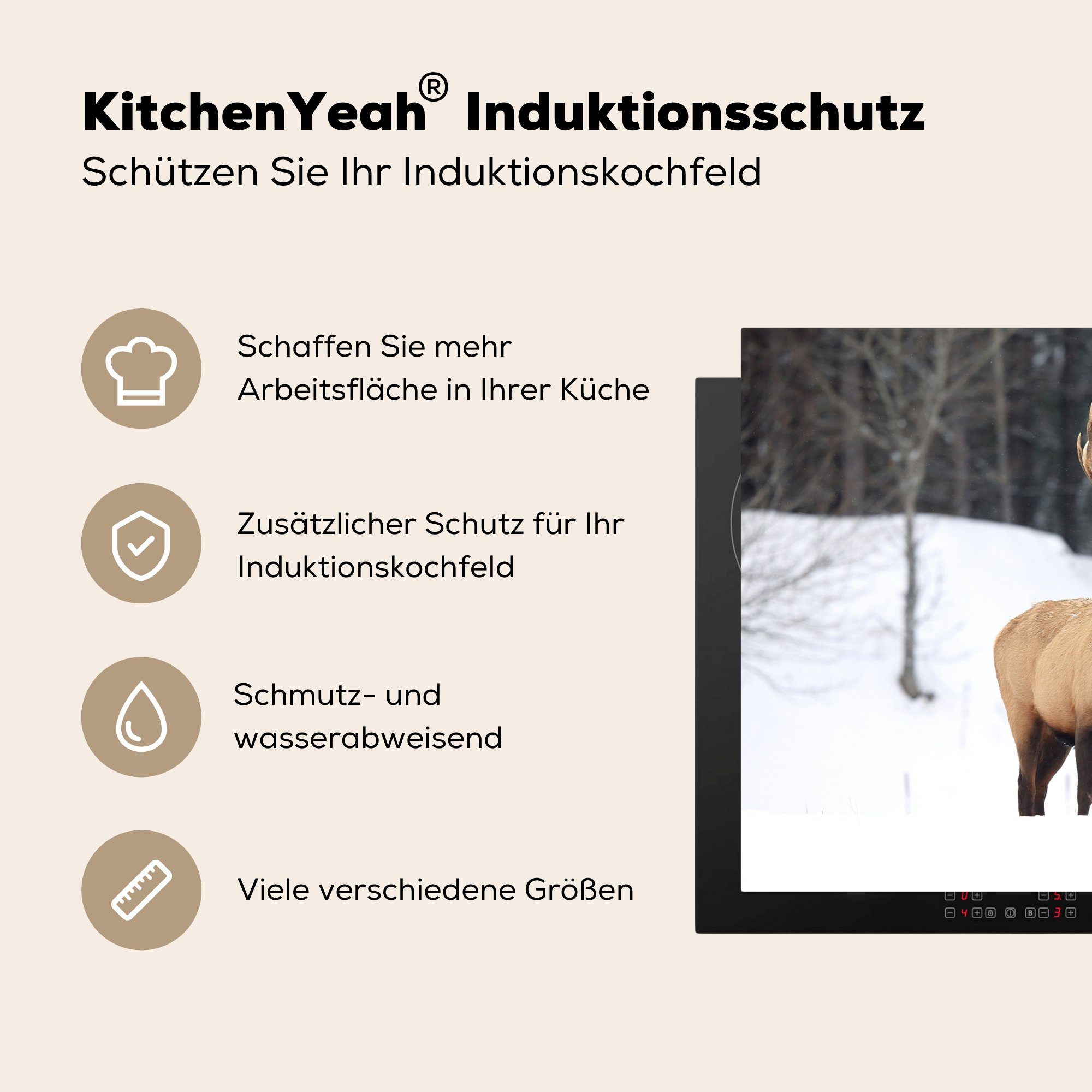 Induktionskochfeld - 81x52 die Ceranfeldabdeckung für Herdblende-/Abdeckplatte küche, Schutz Schnee cm, - tlg), MuchoWow Rotwild Winter, (1 Vinyl,
