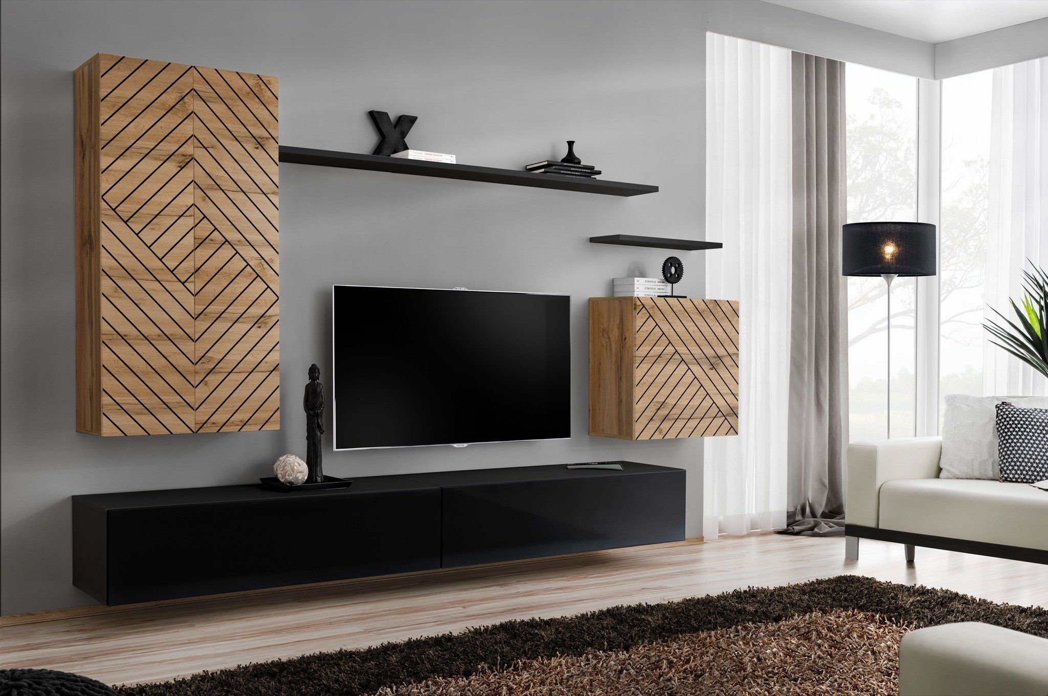 99rooms Wohnwand Swotch II L, (Set (7 St), Wohnzimmer-Set), bestehend aus 2×Lowboard, 2×Wandboard, 3×Wandschrank, hängend