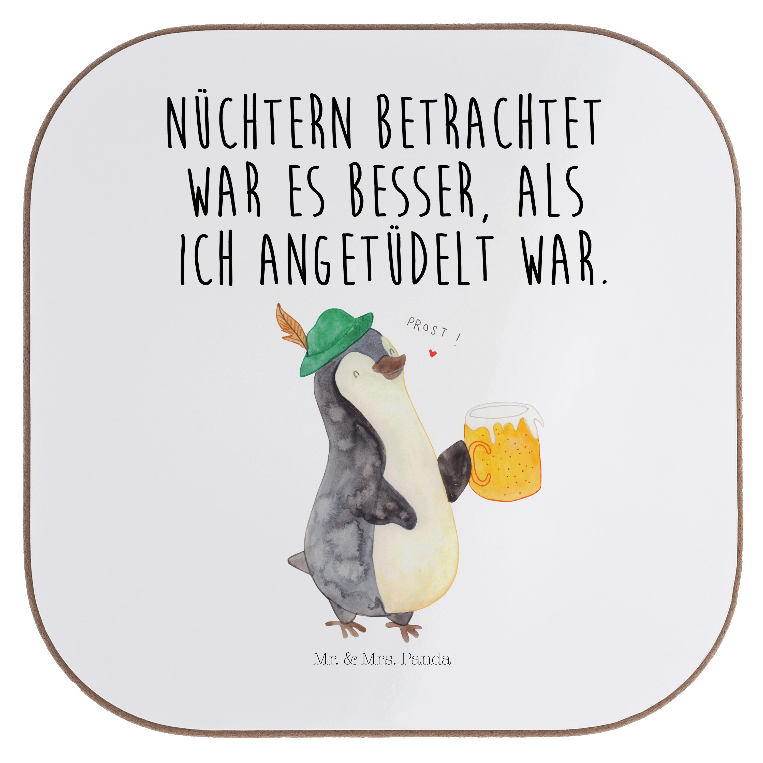 Mr. & Mrs. Panda Getränkeuntersetzer Pinguin Bier - Weiß - Geschenk, Bierchen, Untersetzer Gläser, beschwi, 1-tlg.