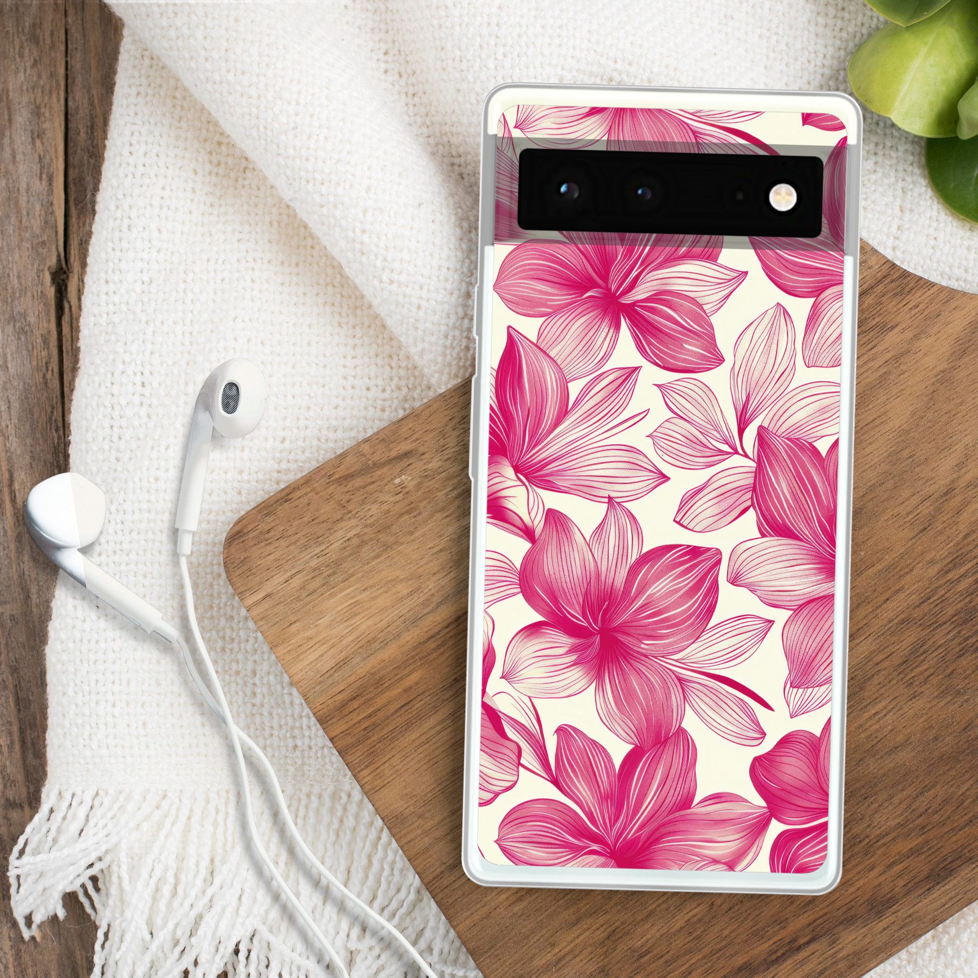 MuchoWow Handyhülle für Google Pixel 6 Blumen - Muster - Rosa - Weiß, Handy Case, Silikon, Bumper Case Dünn