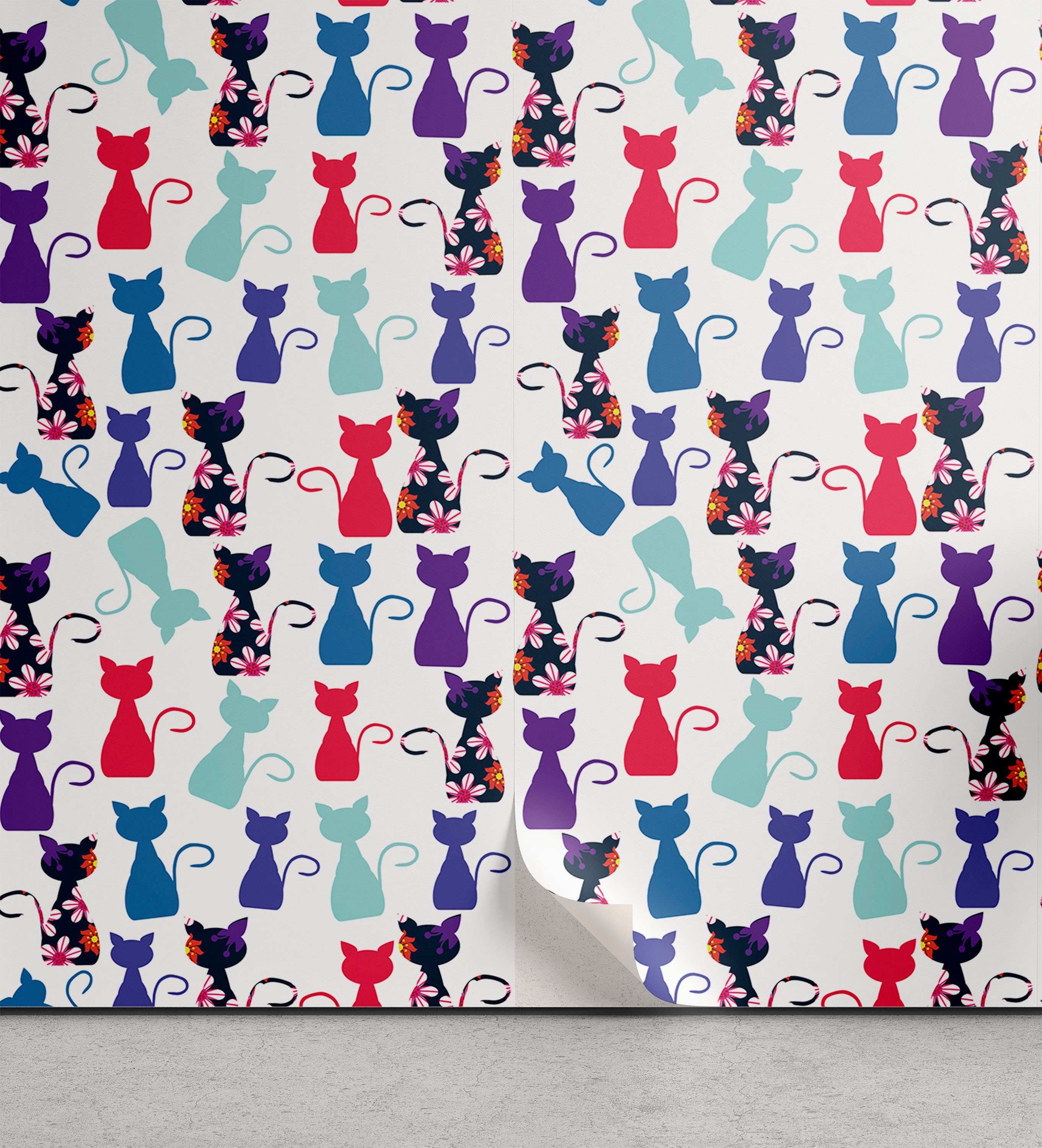 Abakuhaus Vinyltapete selbstklebendes Wohnzimmer Küchenakzent, Kätzchen Baby-Katzen Blumen Farben