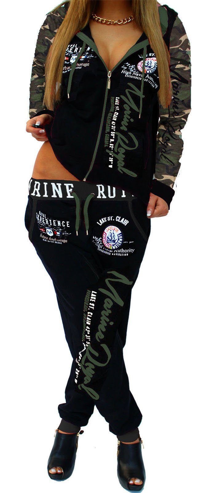 Jaylvis Jogginganzug Marine Royal Damen Trainingsanzug Sportanzug Streetwear Fitness (Jacke + Hose), Jacke mit Kapuze Camouflage